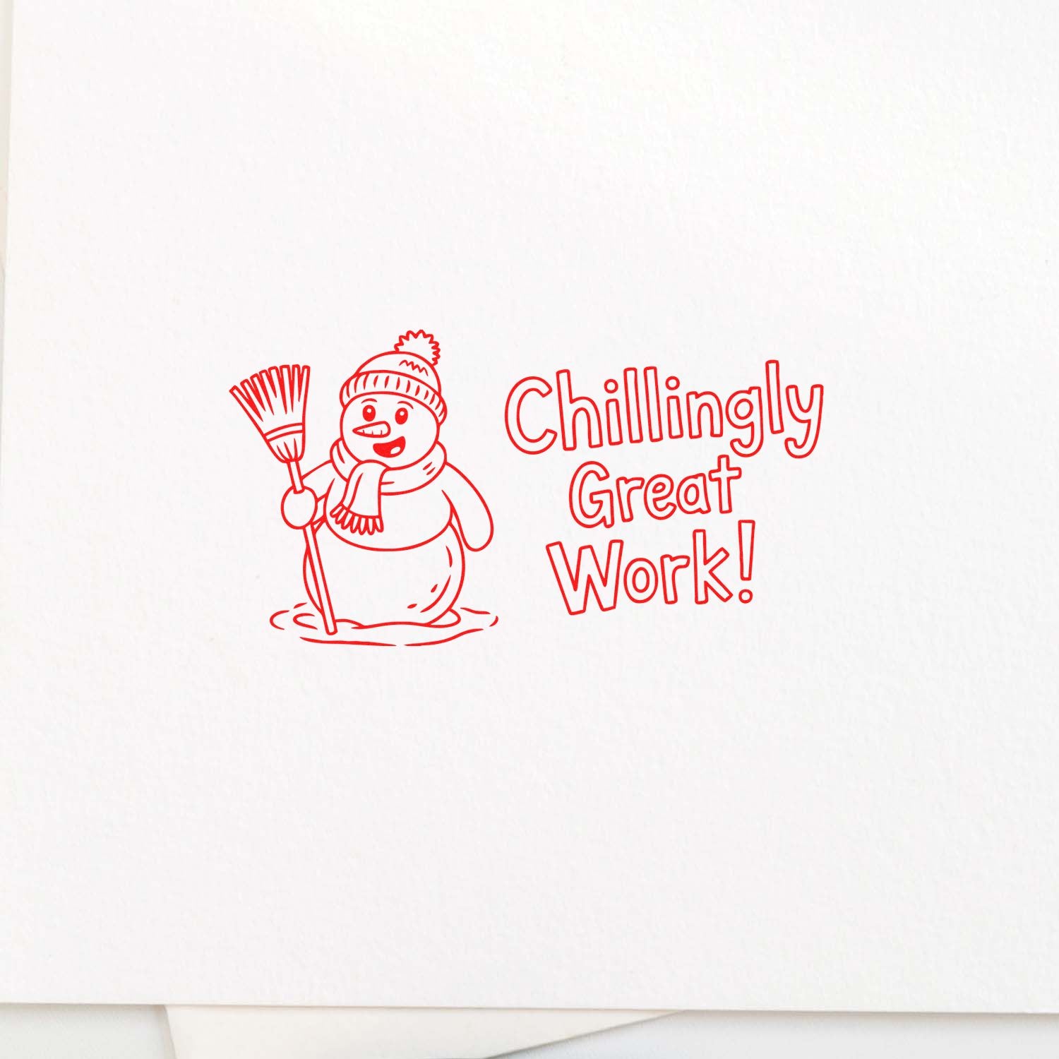 Red rubber stamp design with snowman and Chillingly Great Work! message for festive office praise.