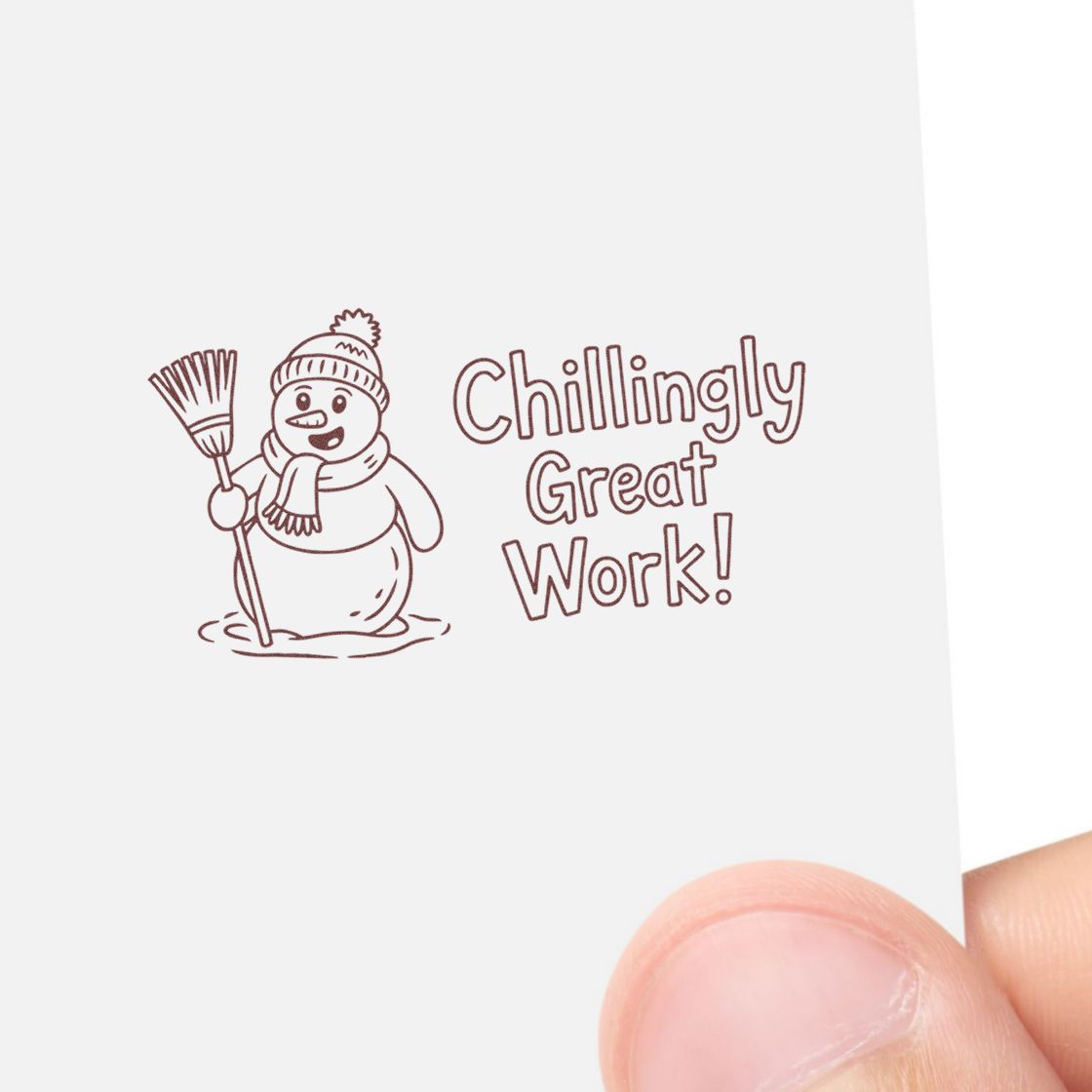 Winter snowman rubber stamp with broom and Chillingly Great Work message for handmade cards and scrapbooking.