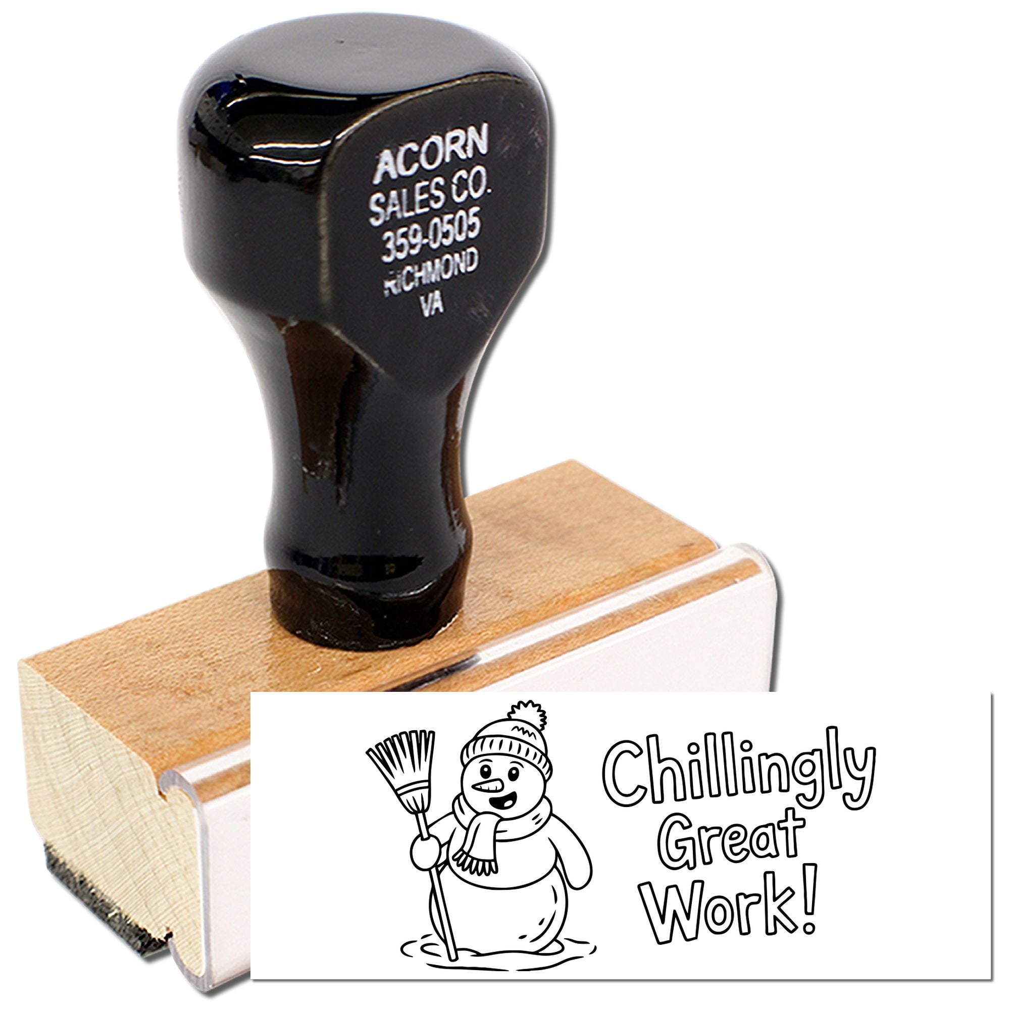 Wood-mounted rubber stamp with snowman art and Chillingly Great Work! message for holiday cards, crafts, or classroom use.