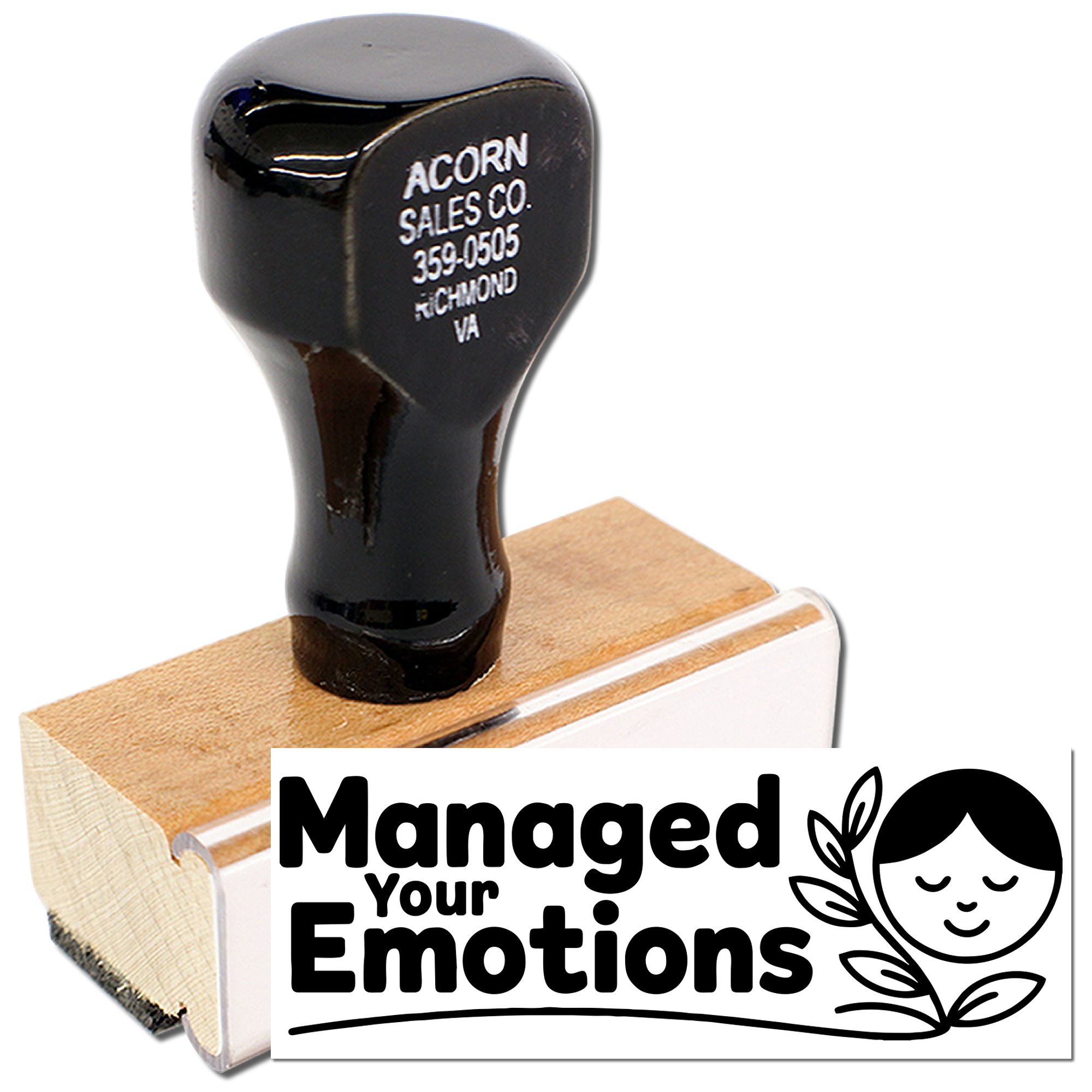 Custom wood handle rubber stamp for business logos and address imprinting, shown with Managed Your Emotions branding.