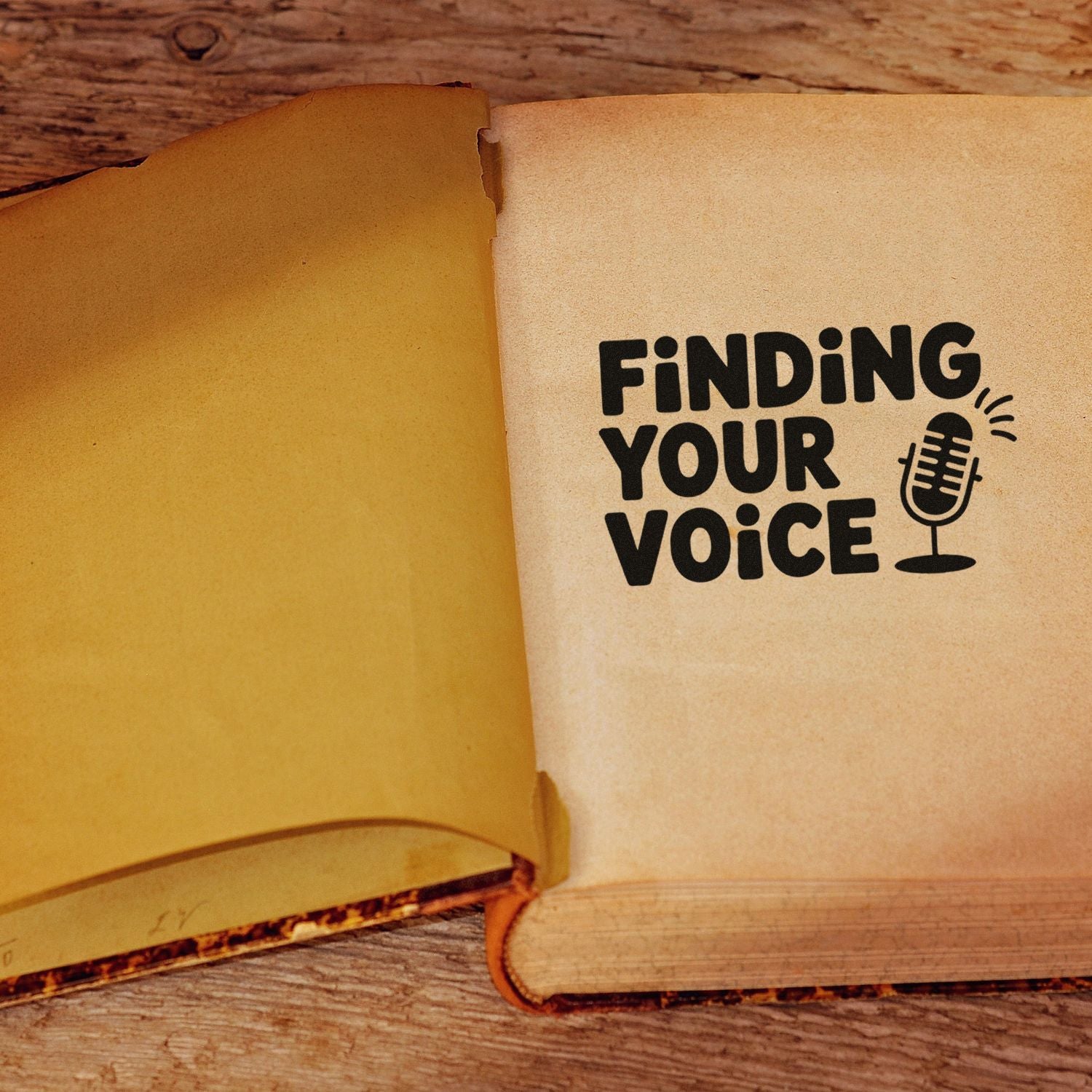 Motivational Finding Your Voice rubber stamp with microphone icon on open book for journaling, planners, and craft projects.