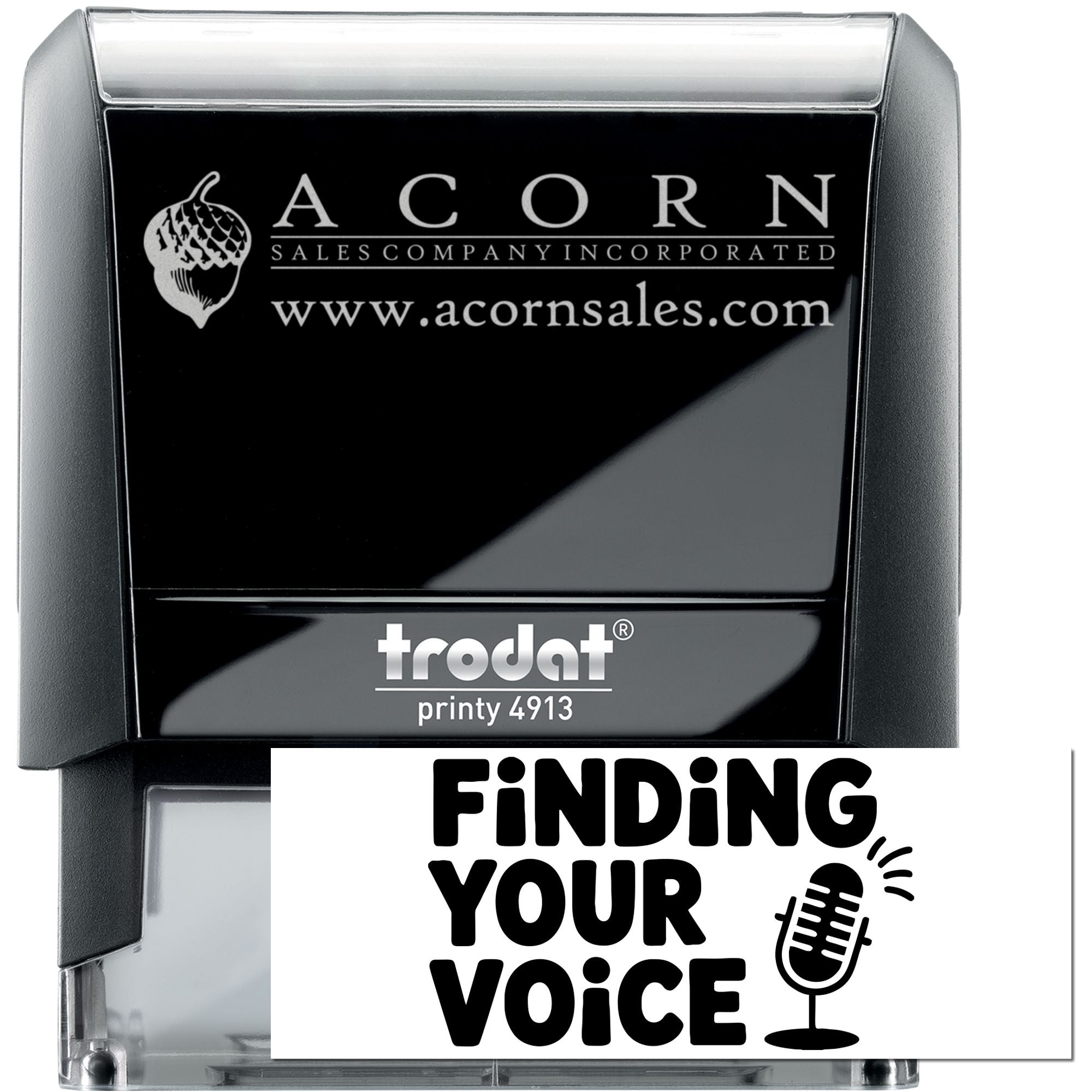 Self-inking Trodat Printy 4913 rubber stamp with custom Acorn Sales Company logo and website imprint.
