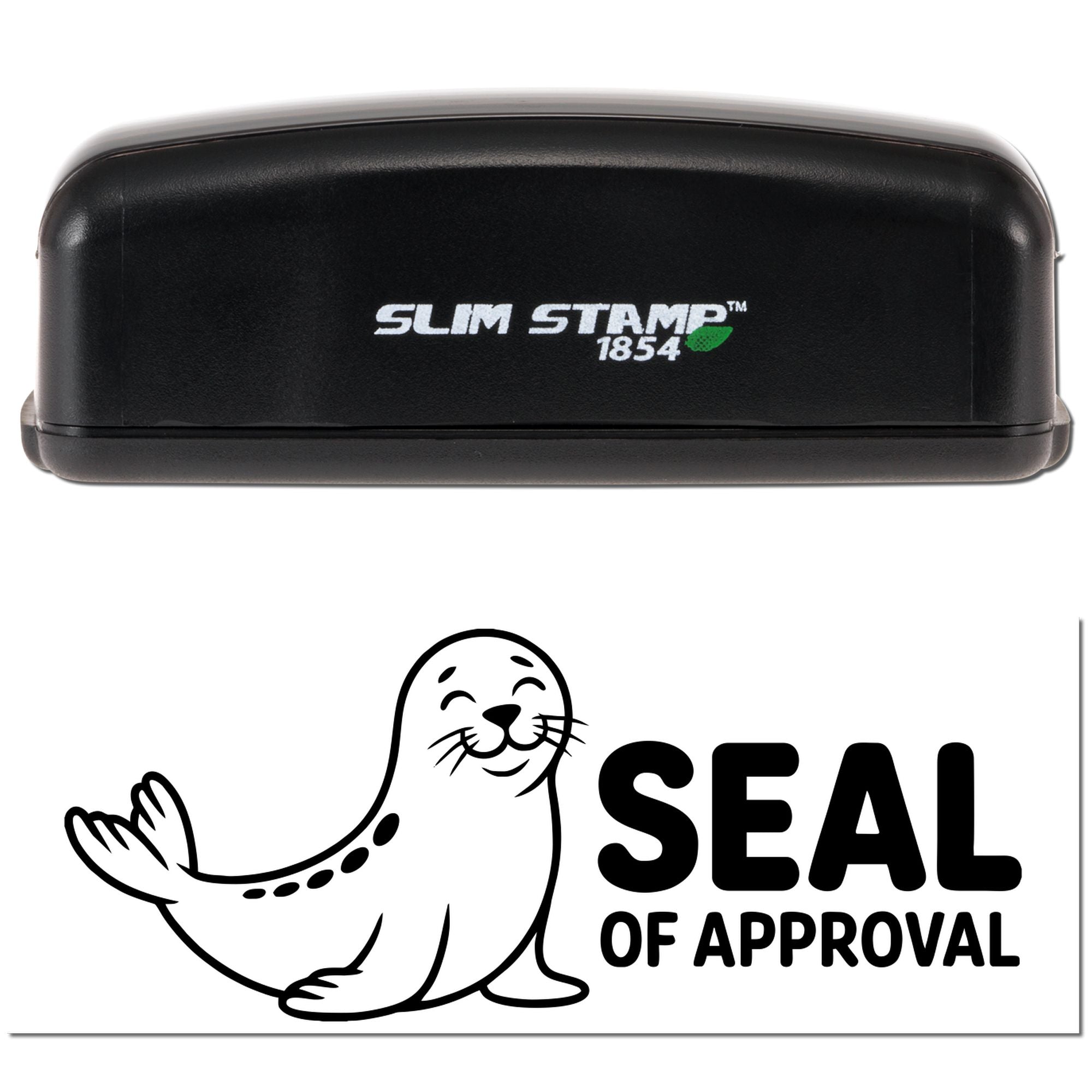 Slim Stamp 1854 rubber stamp with seal of approval graphic for custom approval and branding impressions.