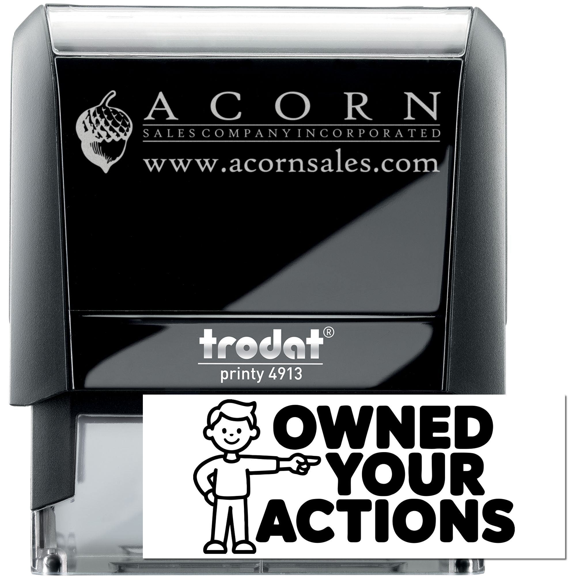 Custom self-inking rubber stamp for Acorn Sales, Trodat Printy 4913 with logo and website.