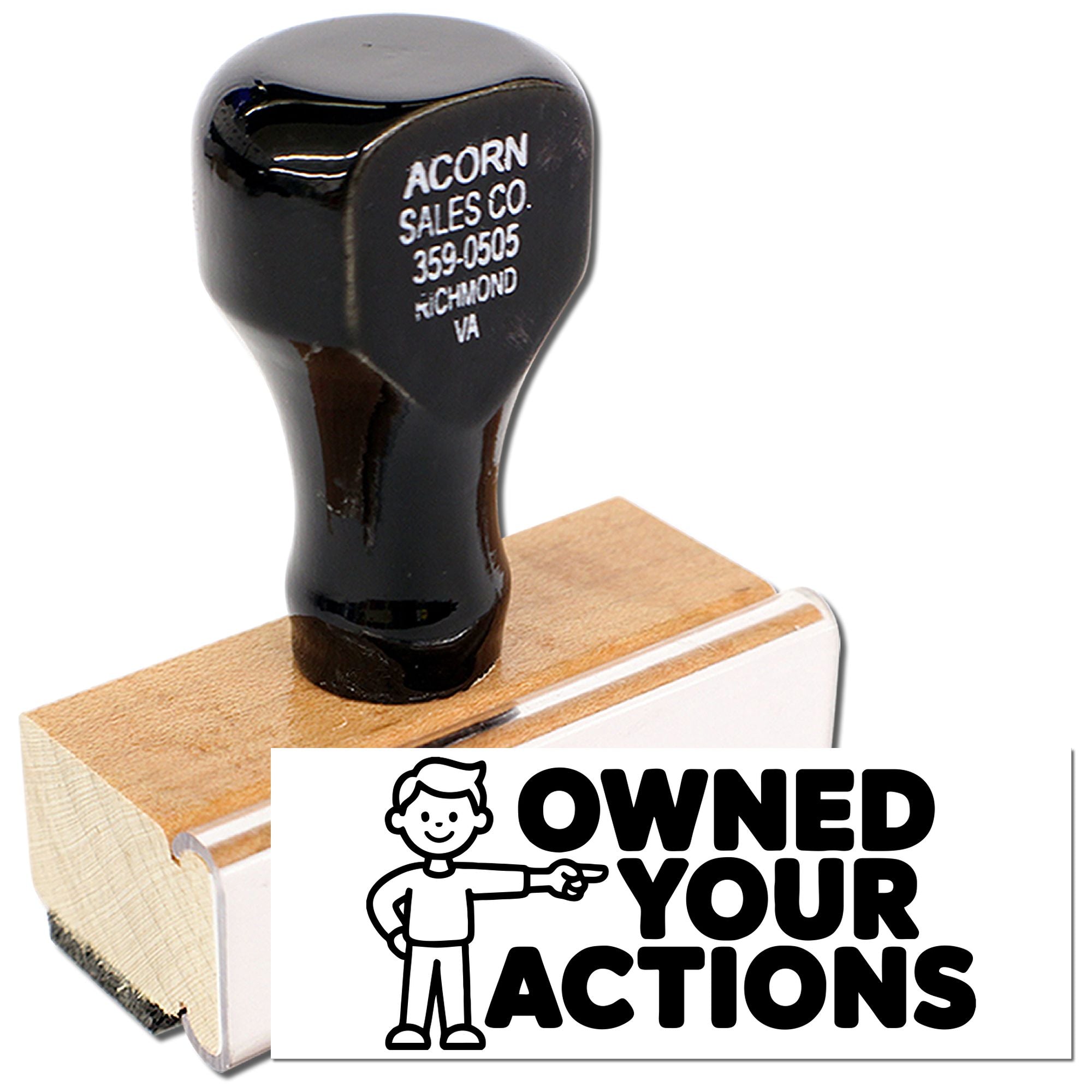 Custom self-inking rubber stamp with Owned Your Actions design for business branding and personalized office use.