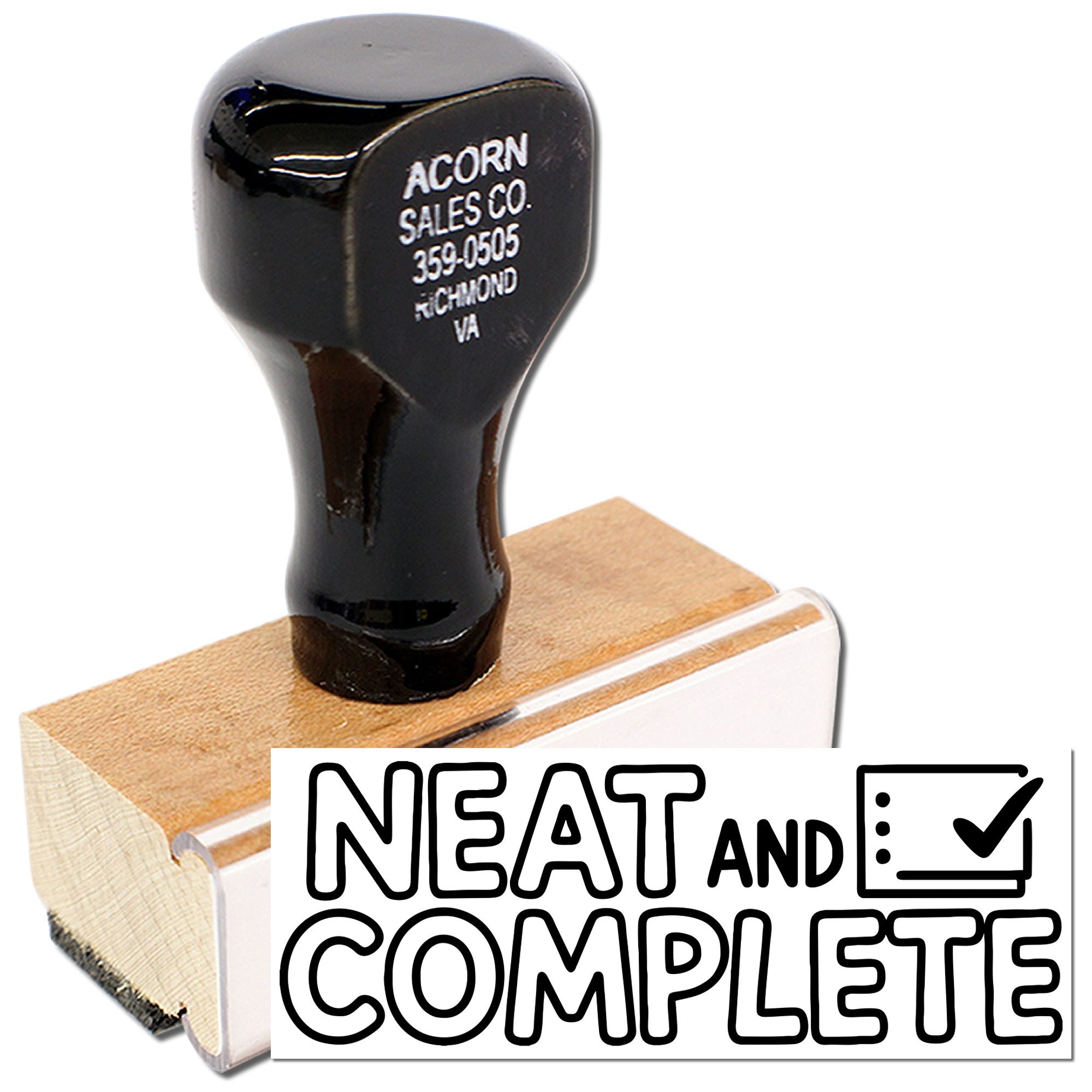 Custom business rubber stamp with Neat and Complete logo for organized office marking and address imprinting.