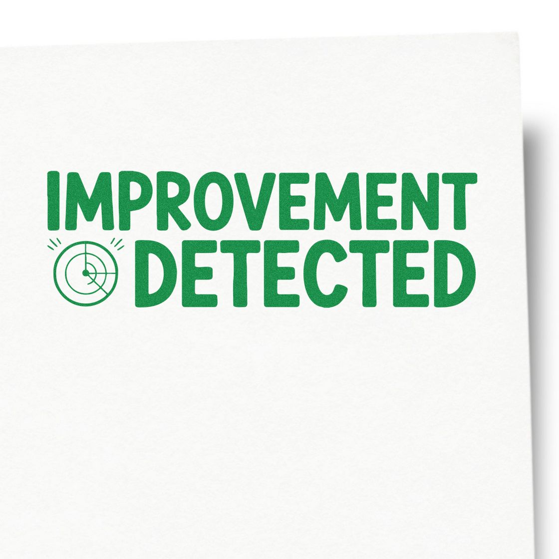 Improvement Detected rubber stamp design with radar icon, bold green text for project progress and performance tracking.