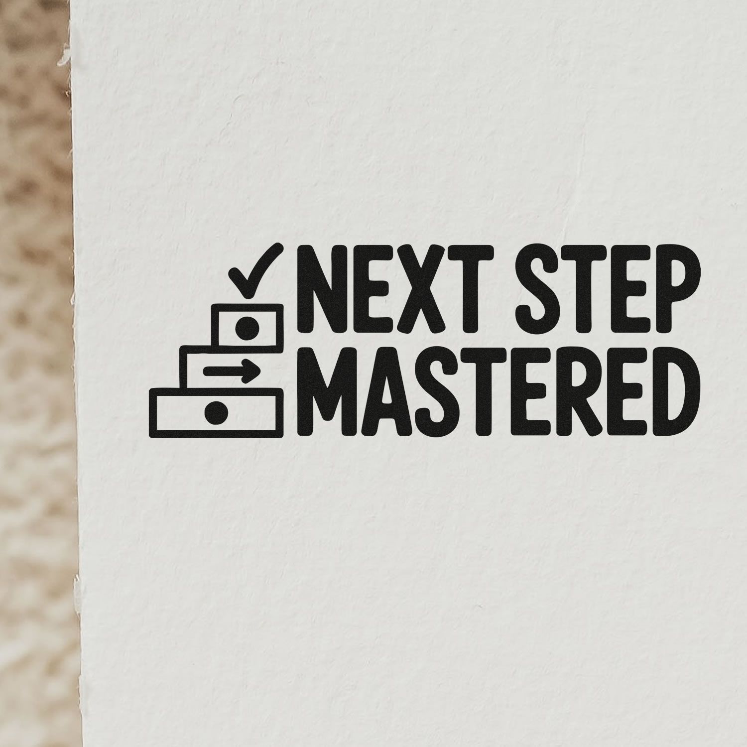 Next Step Mastered rubber stamp design with checklist icon for student progress, milestones, and achievement recognition.