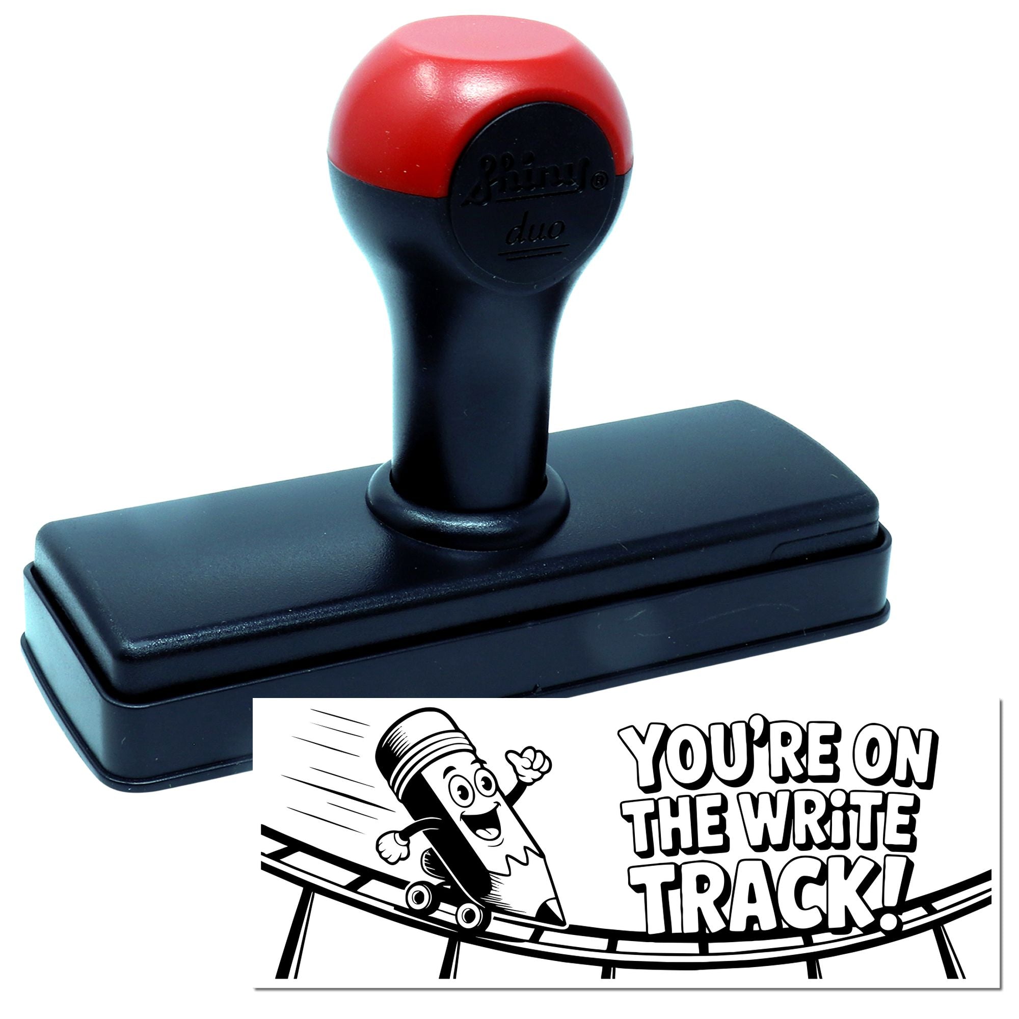 Self-inking rubber stamp with Youre on the write track! pencil design for teacher encouragement and grading.