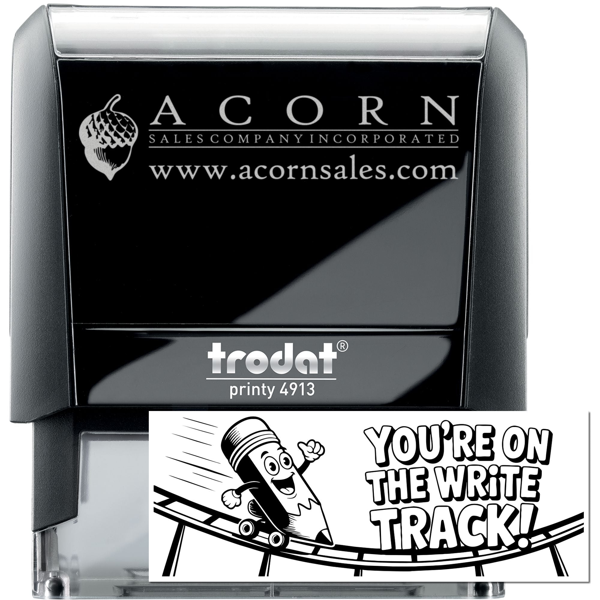 Custom Trodat Printy 4913 self-inking rubber stamp with Acorn Sales Company logo and website imprint.
