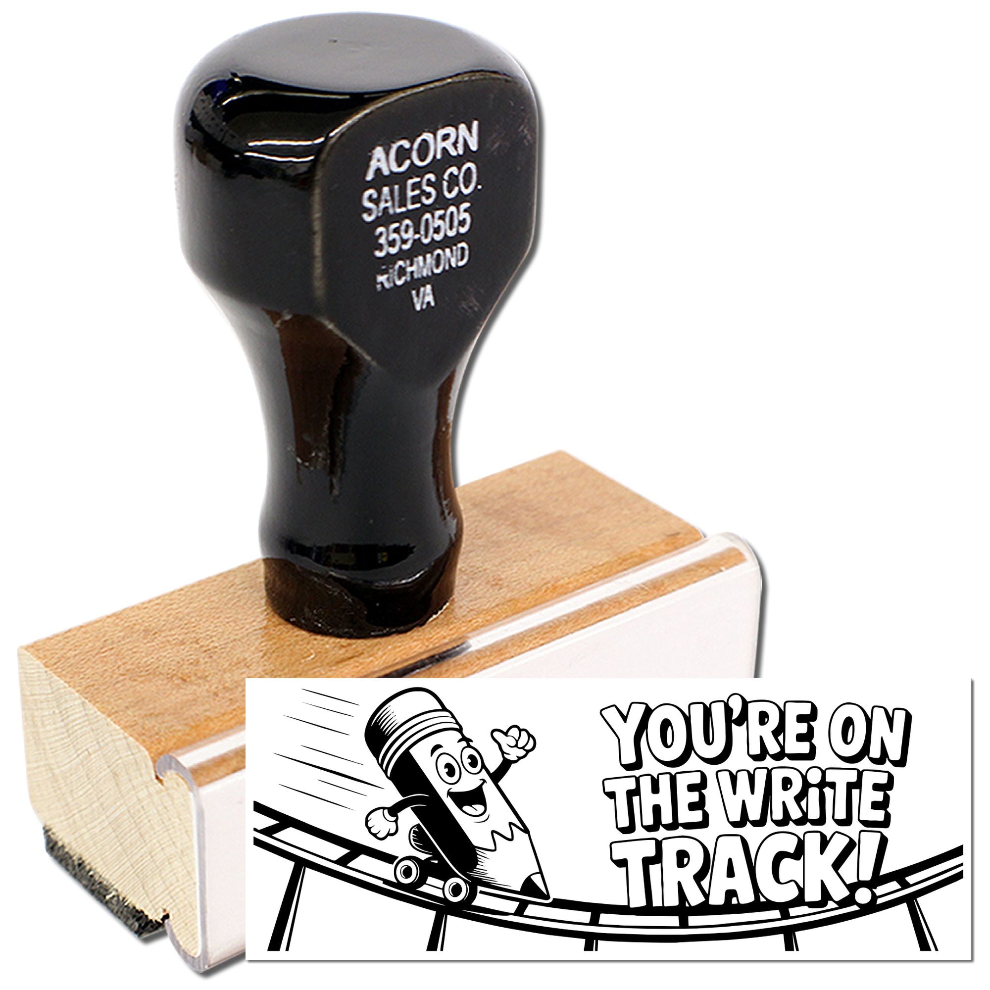 Rubber stamp with "You're on the write track!" pencil design for teacher rewards, classroom grading, and encouragement.