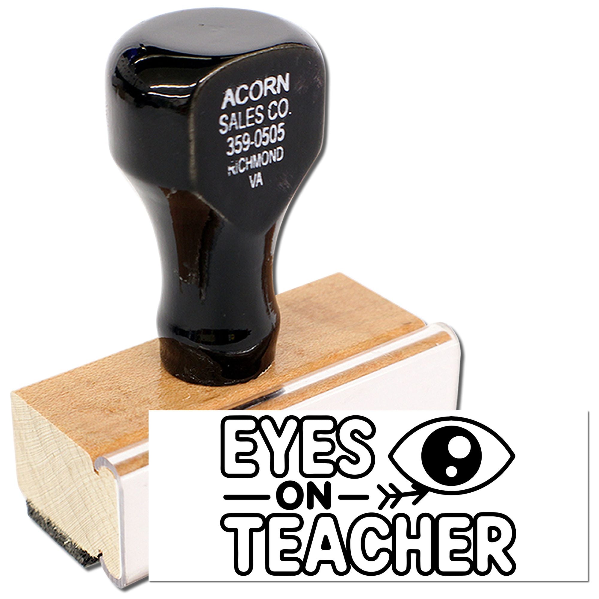 Custom rubber stamp for teachers, featuring an Eyes on Teacher classroom behavior design on a wooden handle.