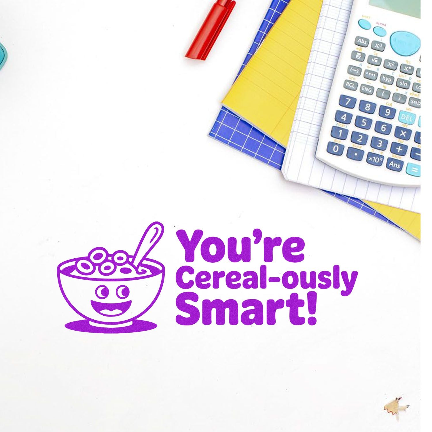Purple rubber stamp design with cereal bowl and Youre Cereal-ously Smart! text, ideal for teacher rewards and school encouragement.