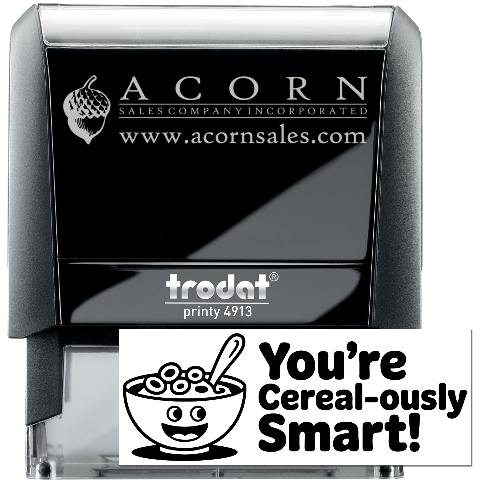 Trodat Printy self-inking rubber stamp with custom logo and message imprint examples for business branding.
