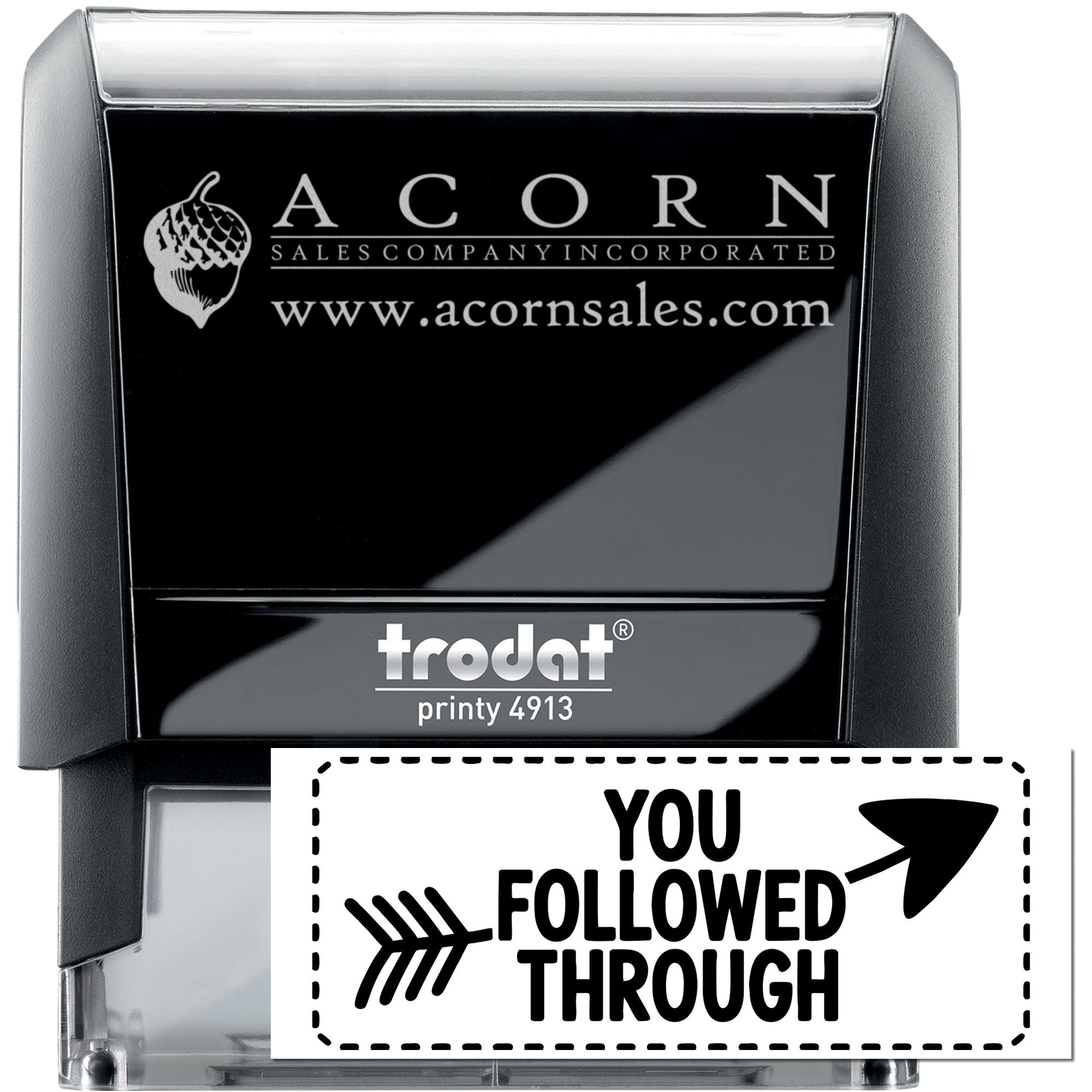 Custom self-inking rubber stamp by Trodat Printy with Acorn Sales Company logo, website, and branding imprint design.