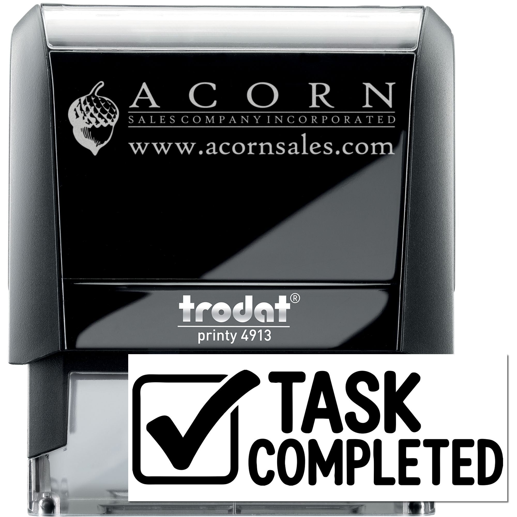 Trodat Printy 4913 self-inking rubber stamp with "Task Completed" checkmark, custom Acorn logo design.