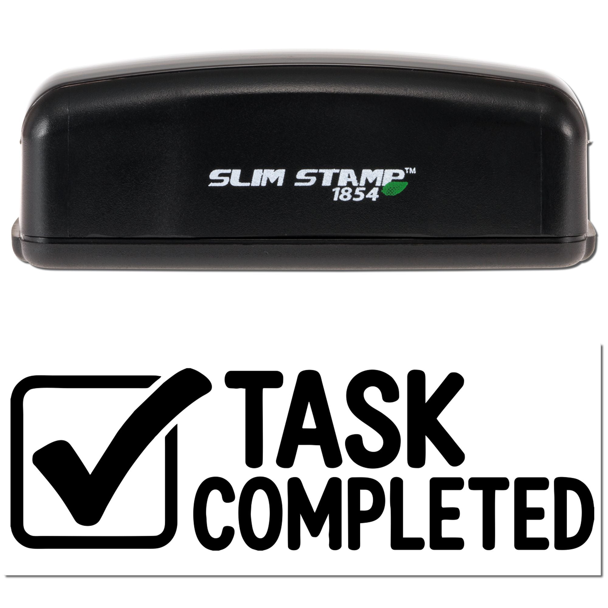 Slim Stamp 1854 rubber stamp with Task Completed checkmark design for office approval and workflow marking.