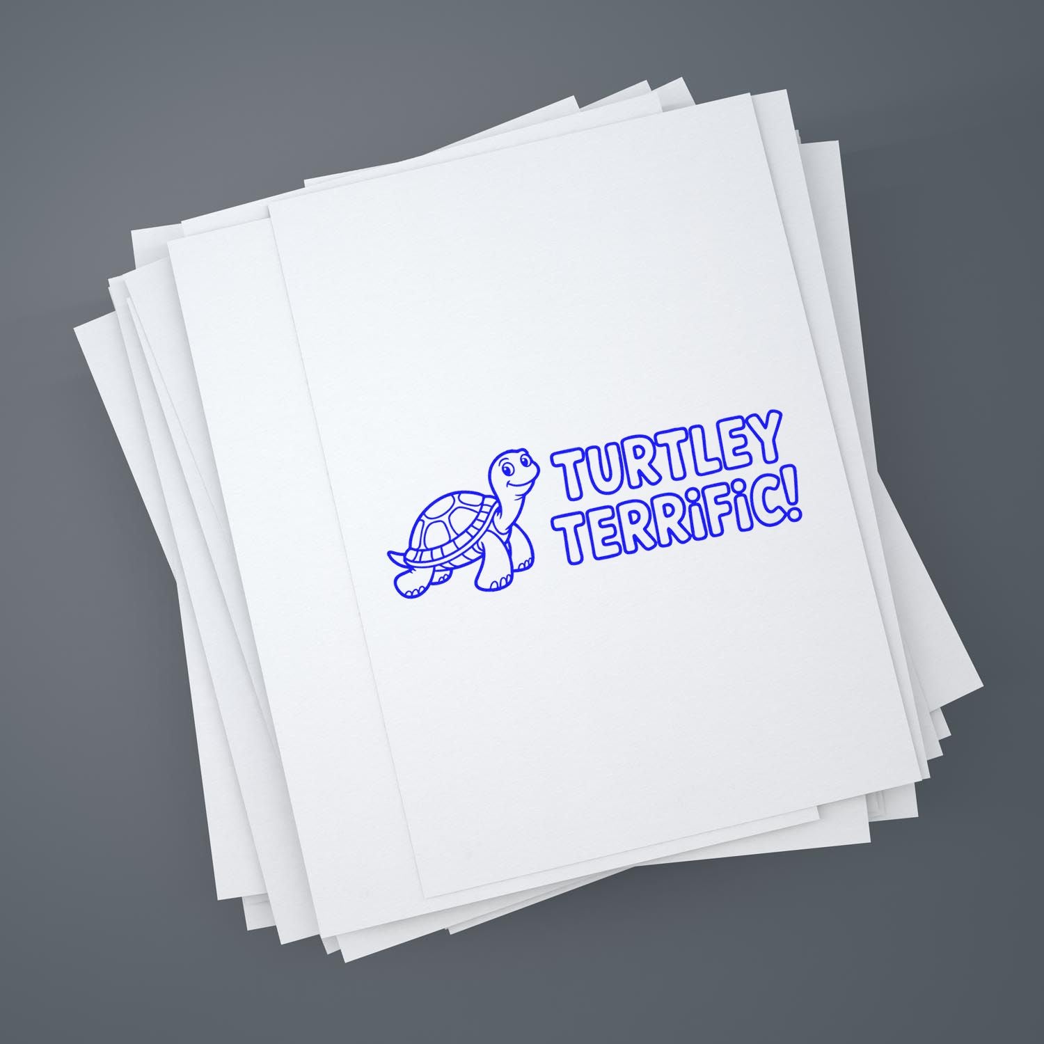 Custom turtle rubber stamp reading Turtley Terrific! on paper, perfect for school, crafts, and fun reward marking.