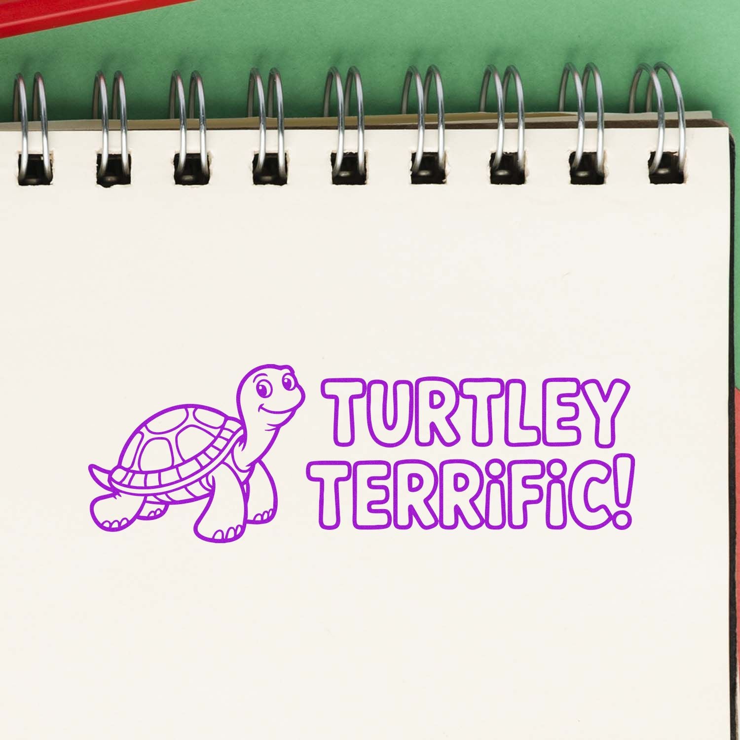 Cute turtle rubber stamp design reading Turtley Terrific! in purple on notebook paper for crafting, journaling, or school use.