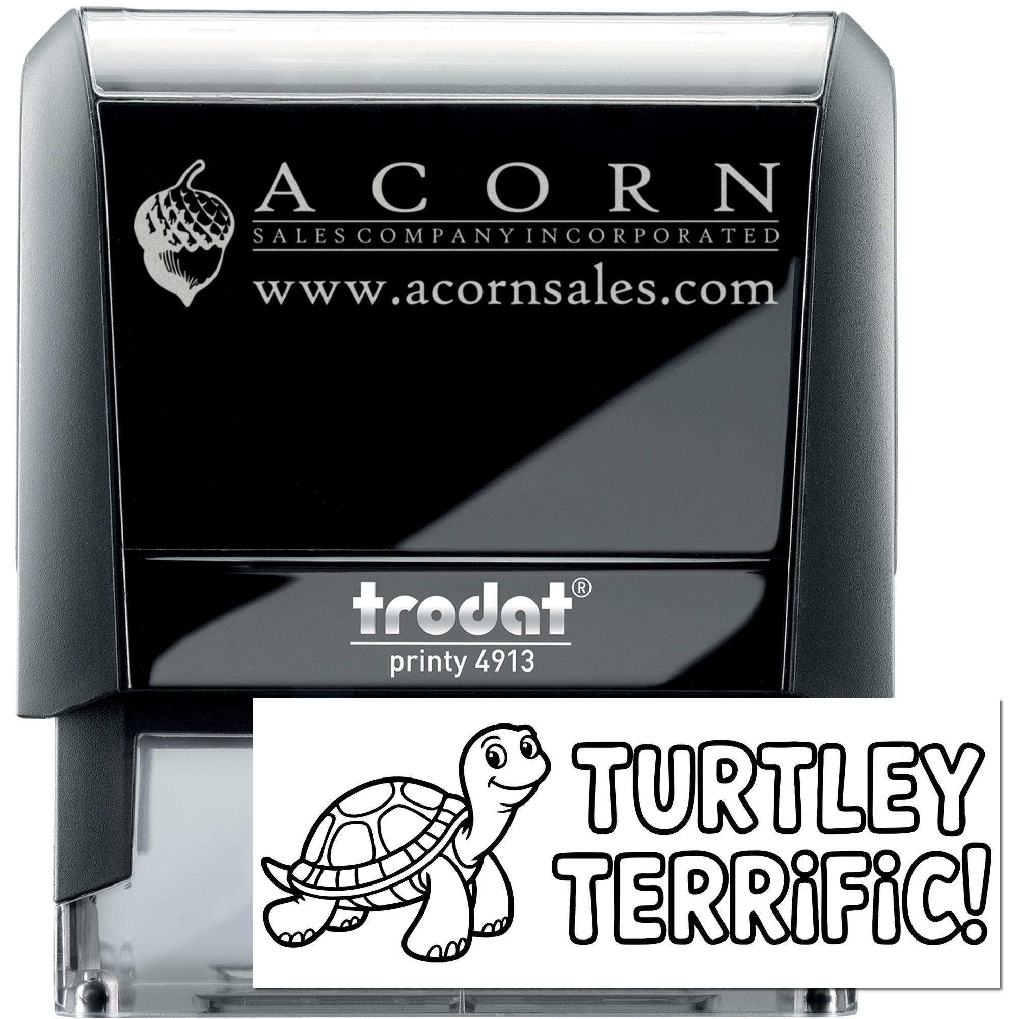 Trodat Printy 4913 custom self-inking rubber stamp showing Acorn Sales Company logo and Turtley Terrific stamp design.