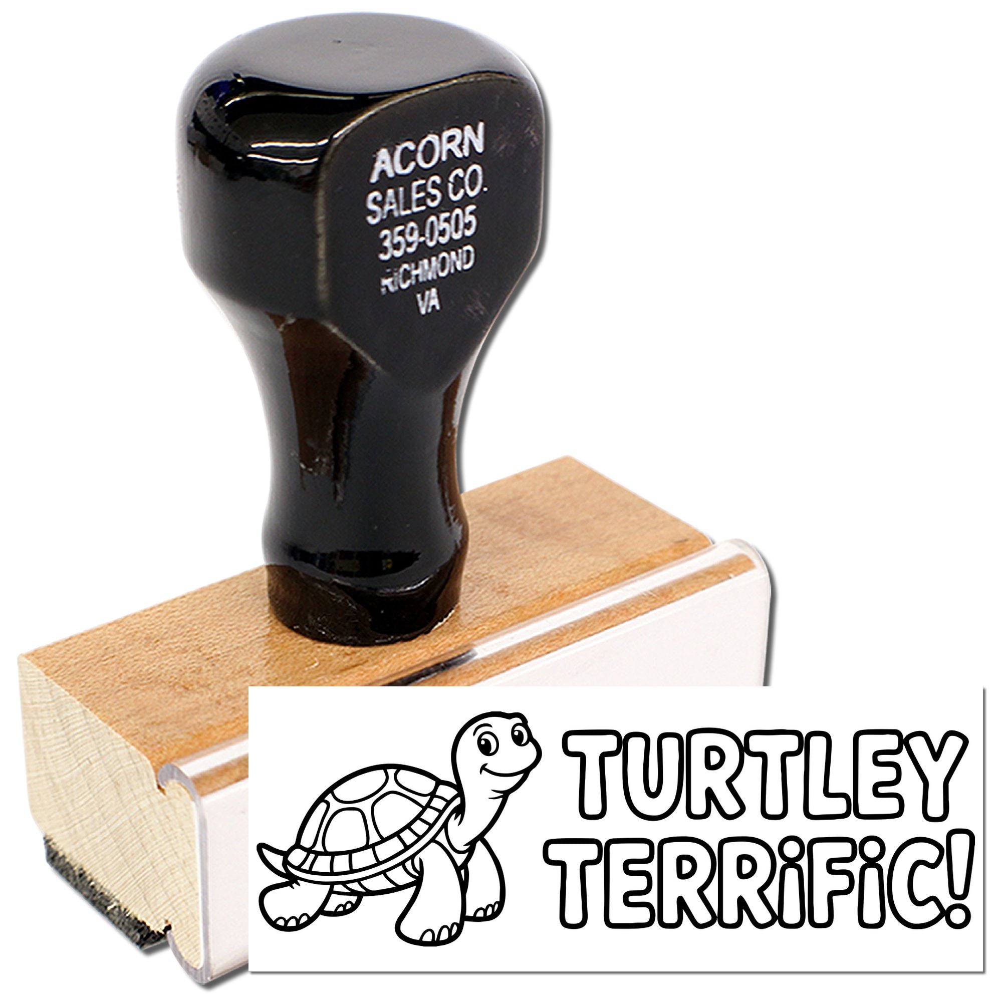 Custom wood handle rubber stamp with turtle design and Turtley Terrific! text for personalized business or craft use.