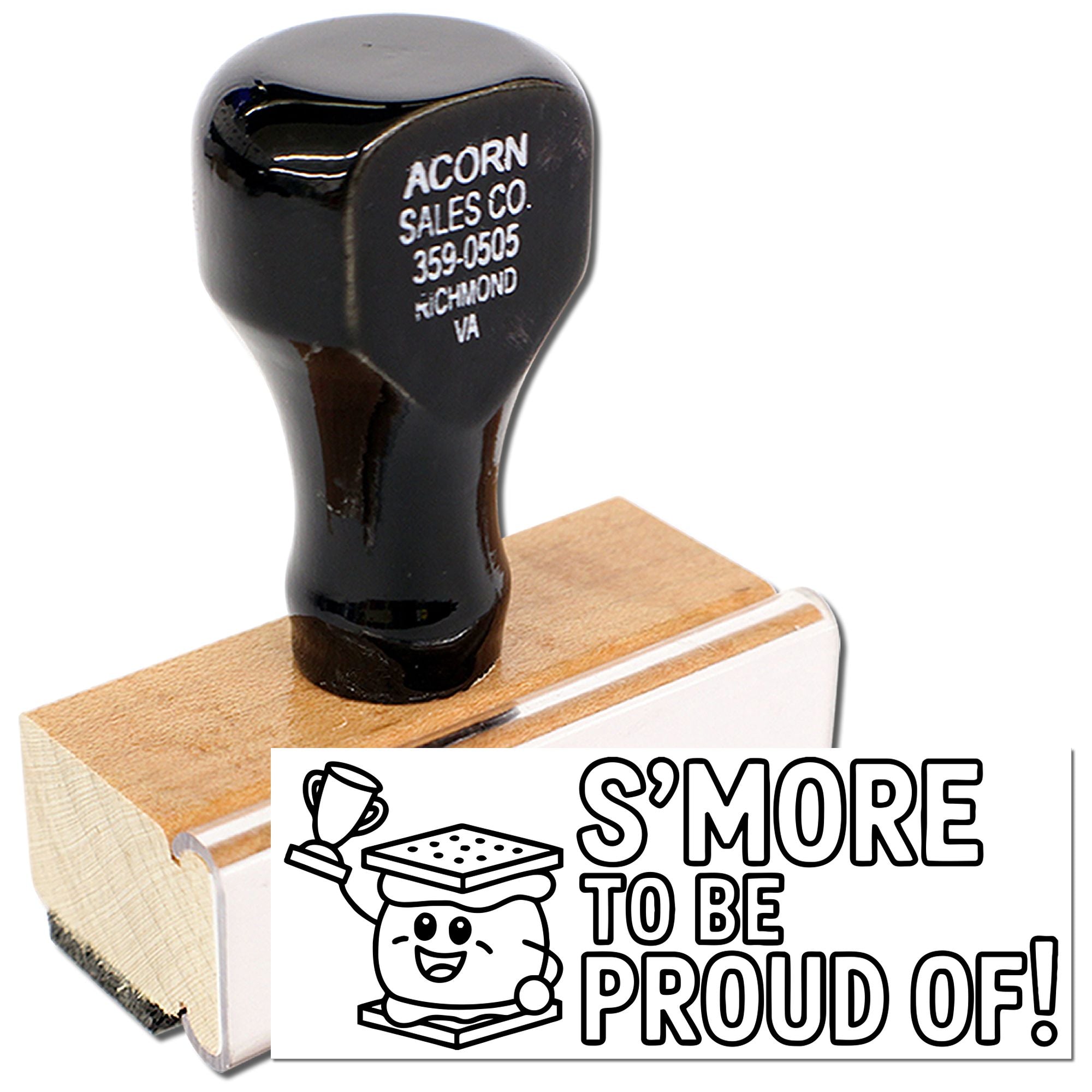 Custom wood handle rubber stamp with Smore to Be Proud Of! design for bakery packaging, gifts, and crafts.
