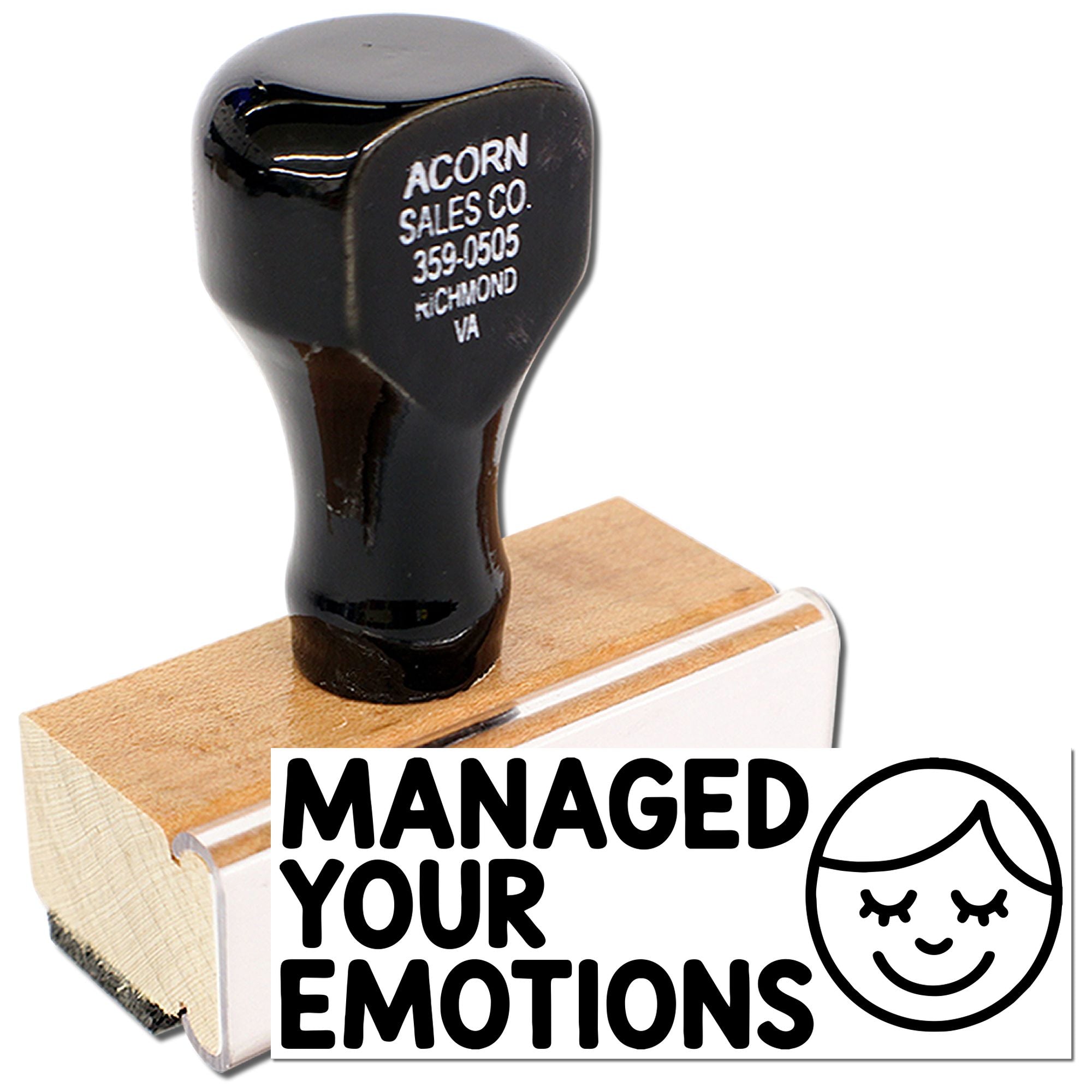 Managed Your Emotions custom rubber stamp with smiley face icon for classroom behavior feedback.