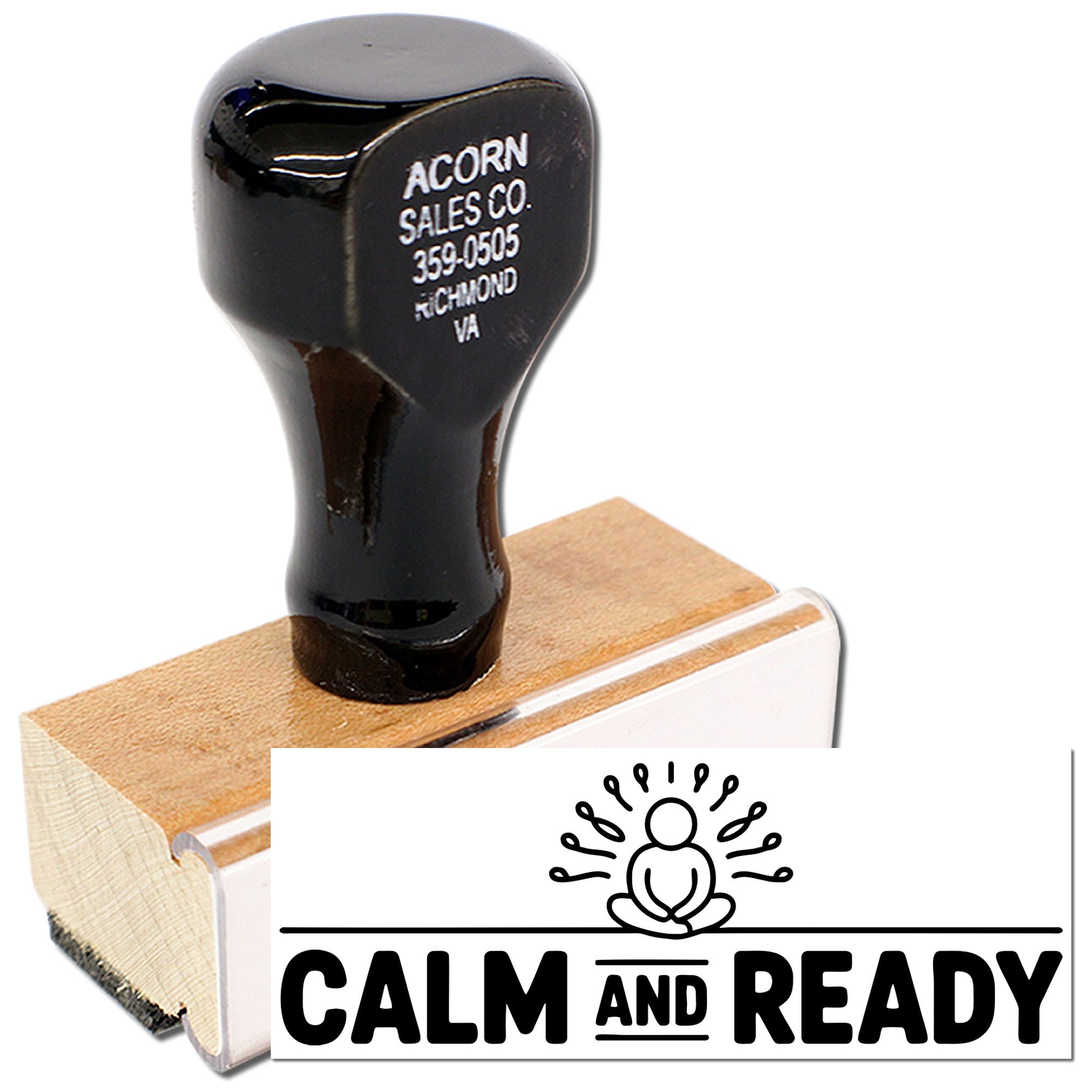 Custom wood-handled rubber stamp for Calm and Ready meditation branding and promotional packaging.
