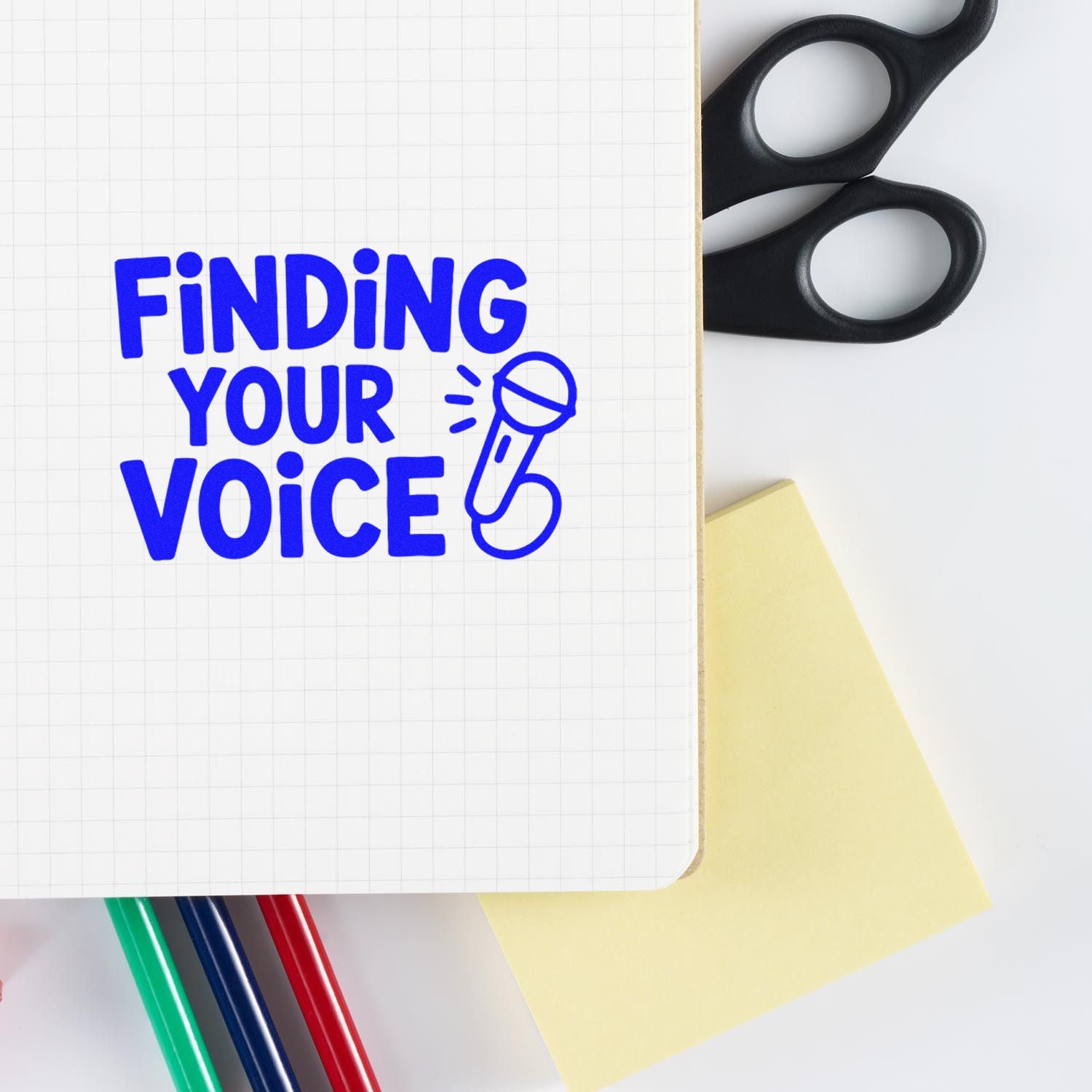Finding Your Voice rubber stamp design with microphone icon for creative writing, journaling, and motivational stamping.