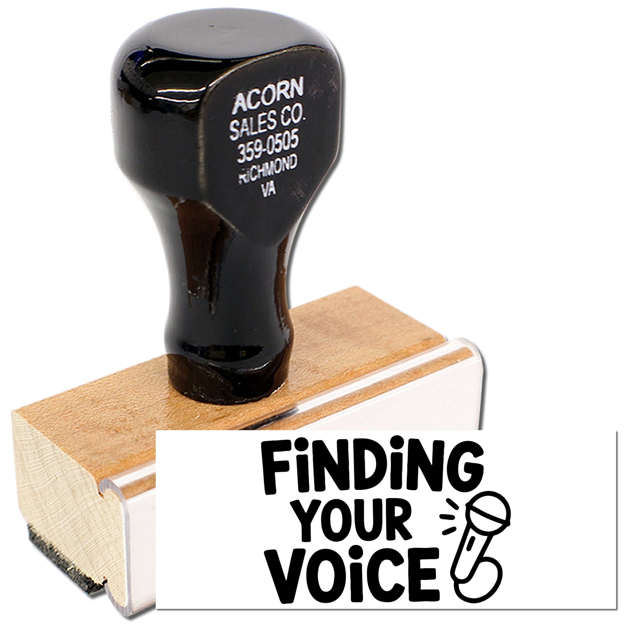 Custom rubber stamp with Finding Your Voice microphone design for advocacy, coaching, or event branding.