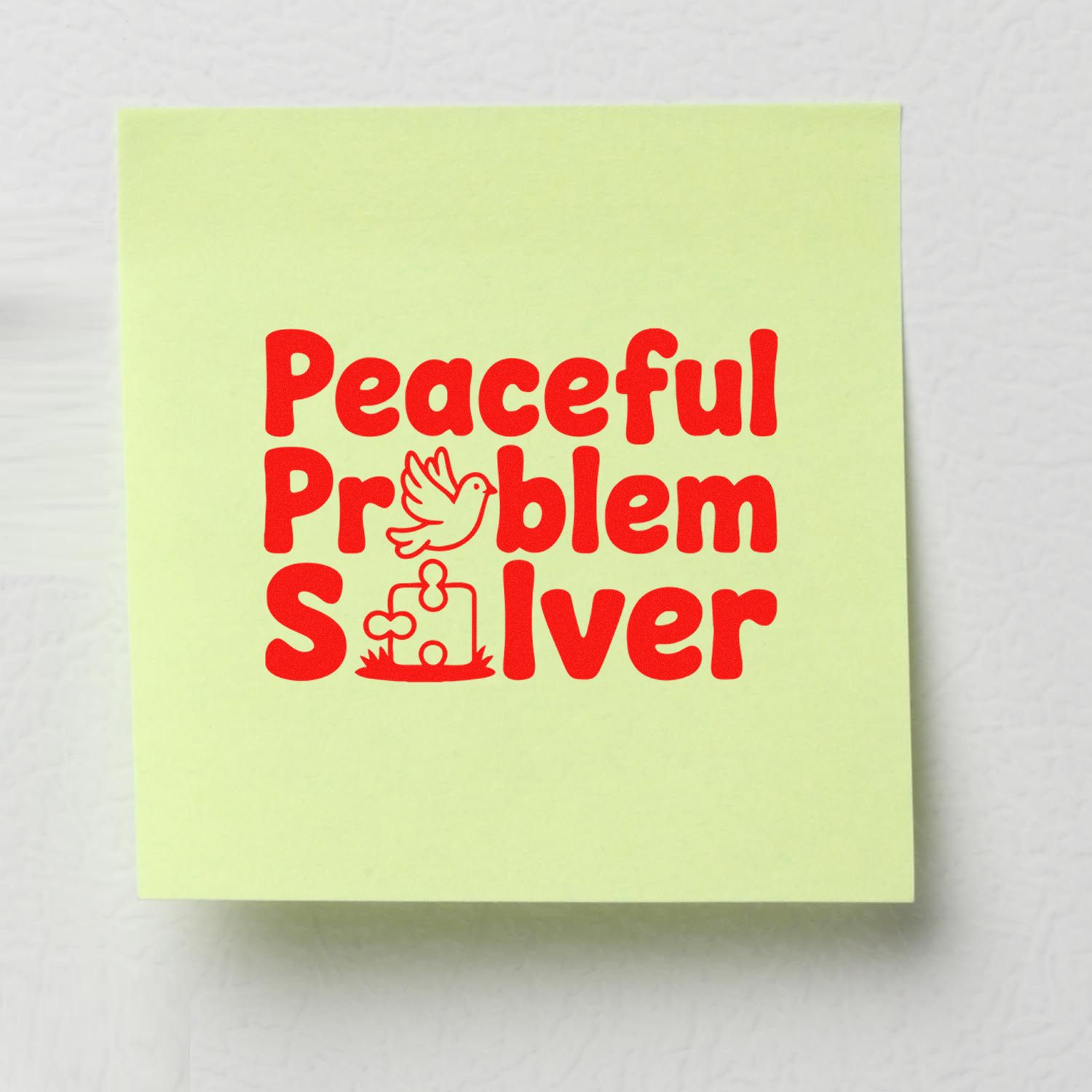 Peaceful Problem Solver rubber stamp in red with dove and puzzle piece, perfect for positive office messaging.