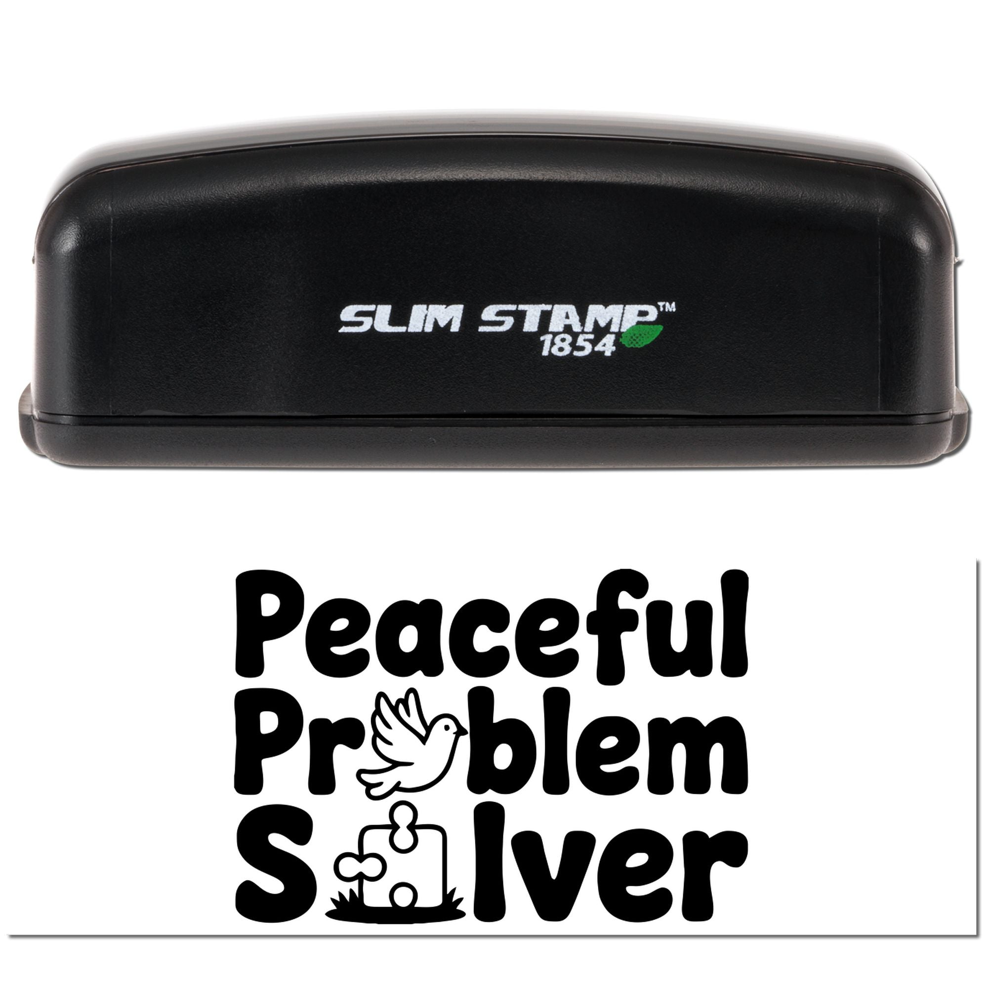 Slim Stamp 1854 self-inking rubber stamp with Peaceful Problem Solver design and dove-puzzle icons for classroom or office use.