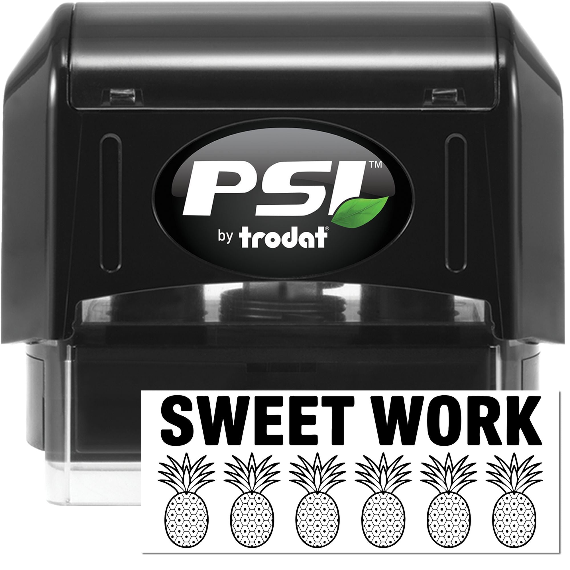 PSI by Trodat self-inking rubber stamp with Sweet Work pineapple design, ideal for custom business branding.