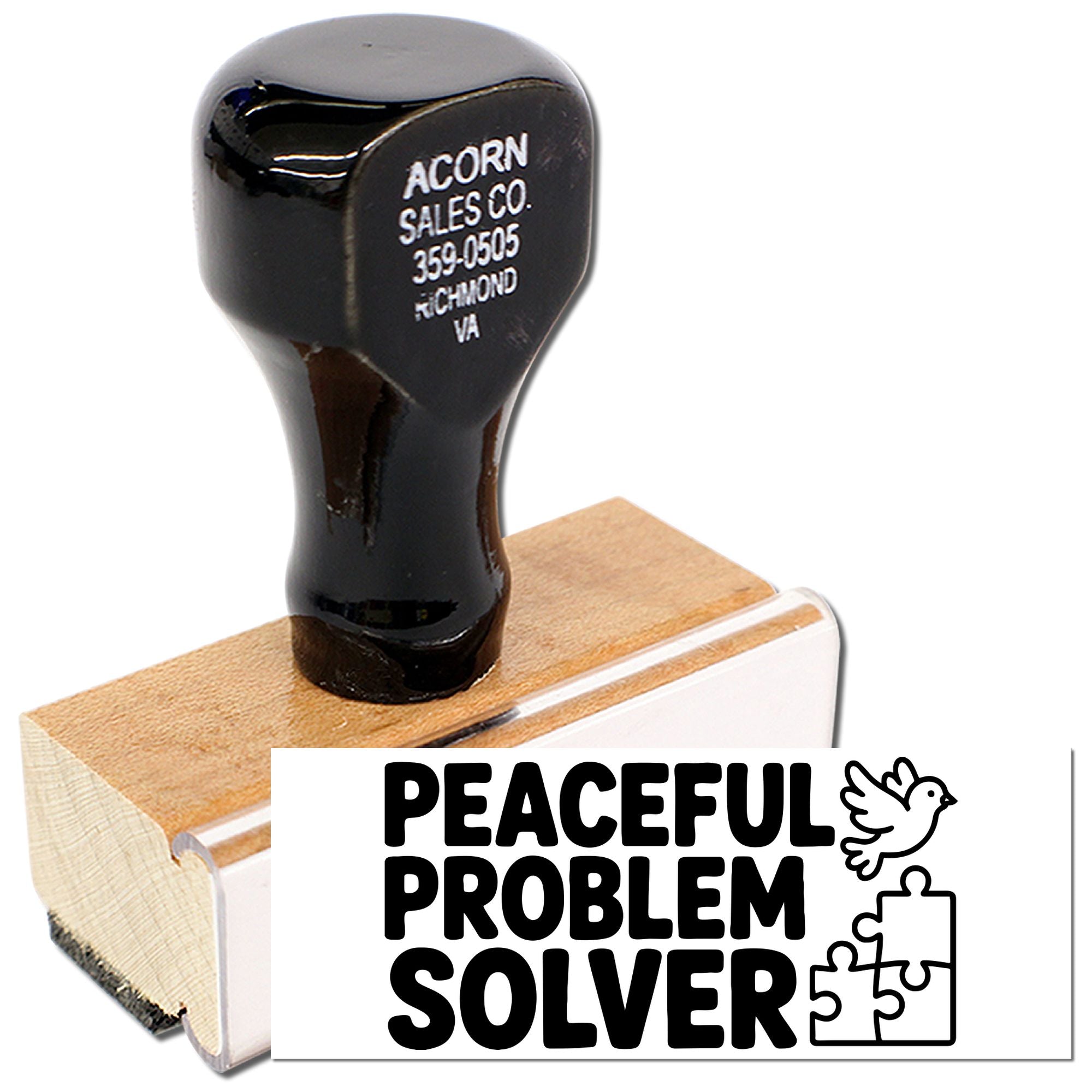 Custom rubber stamp reading Peaceful Problem Solver with dove and puzzle graphic, ideal for conflict resolution messaging.