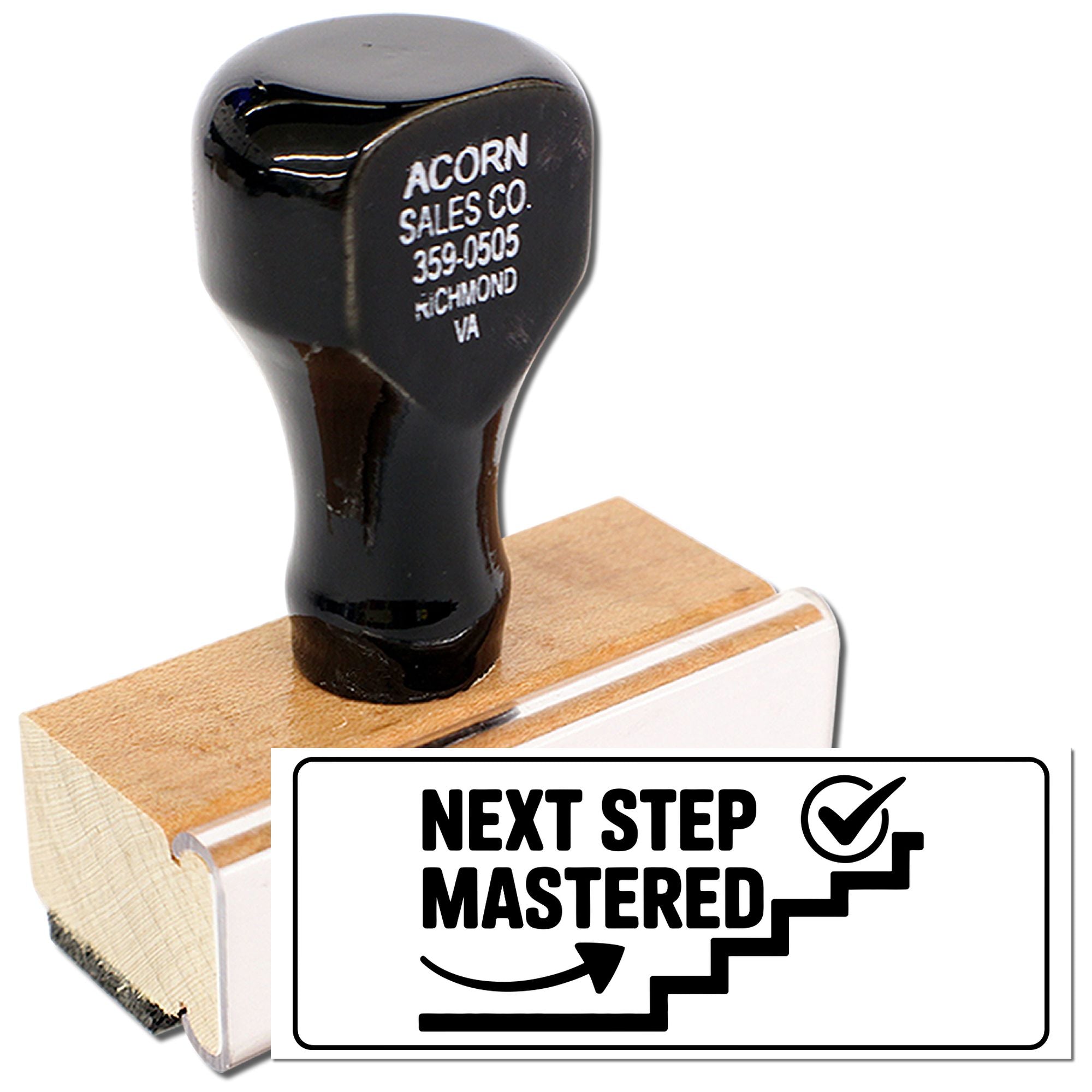Custom rubber stamp with Next Step Mastered message and step icon for education, achievement, or office approvals.