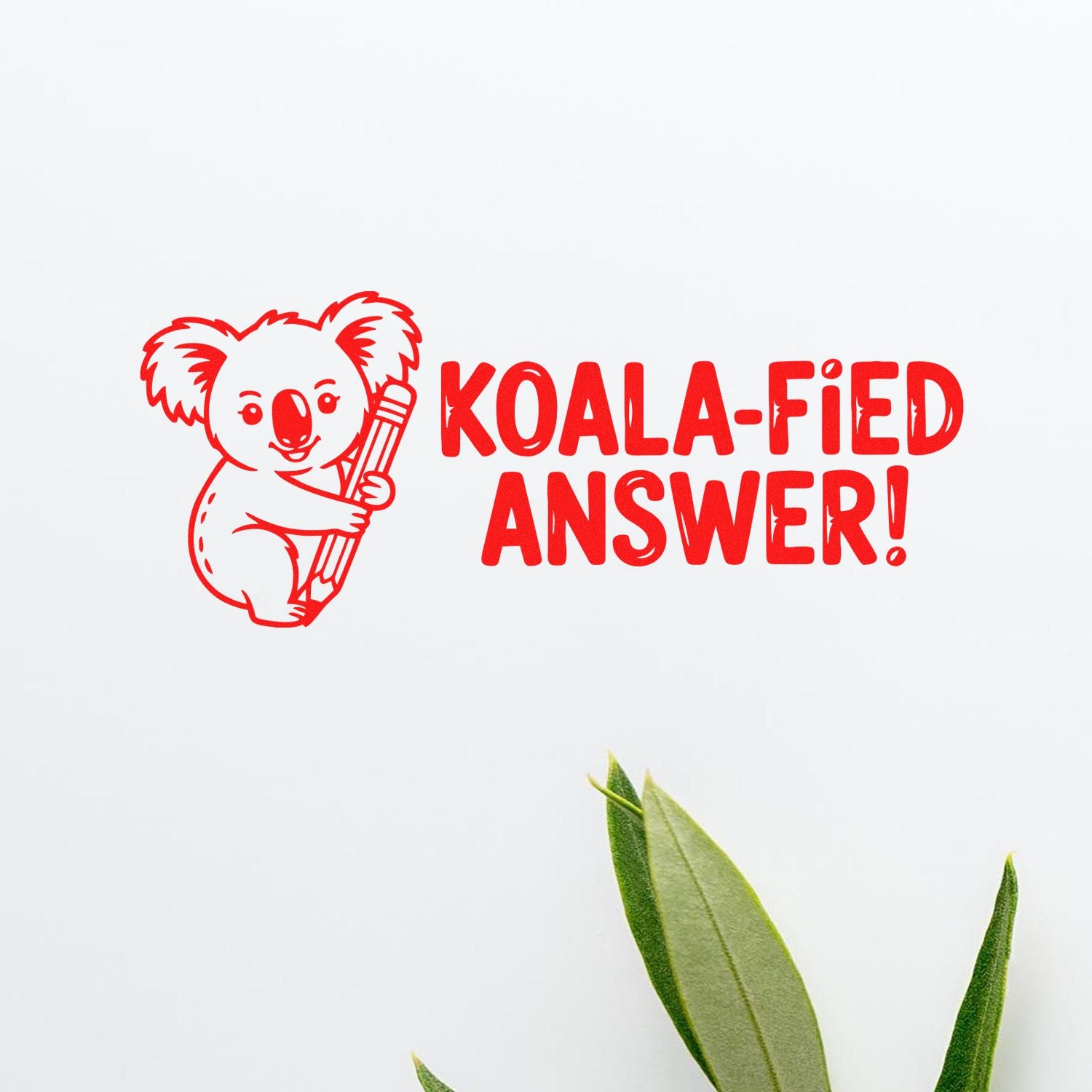Koala-fied Answer rubber stamp design with cute koala holding a pencil for teachers, grading, and classroom use.