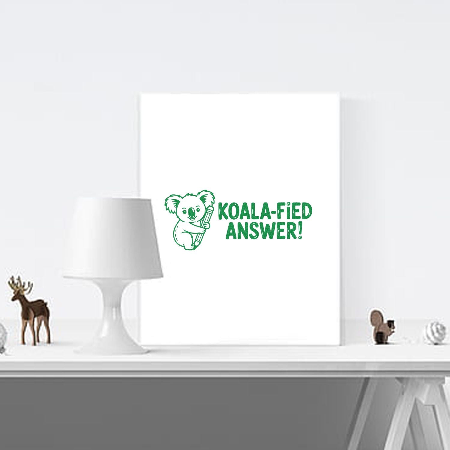 Koala-fied Answer! rubber stamp with koala holding pencil, ideal for teacher grading and classroom feedback.