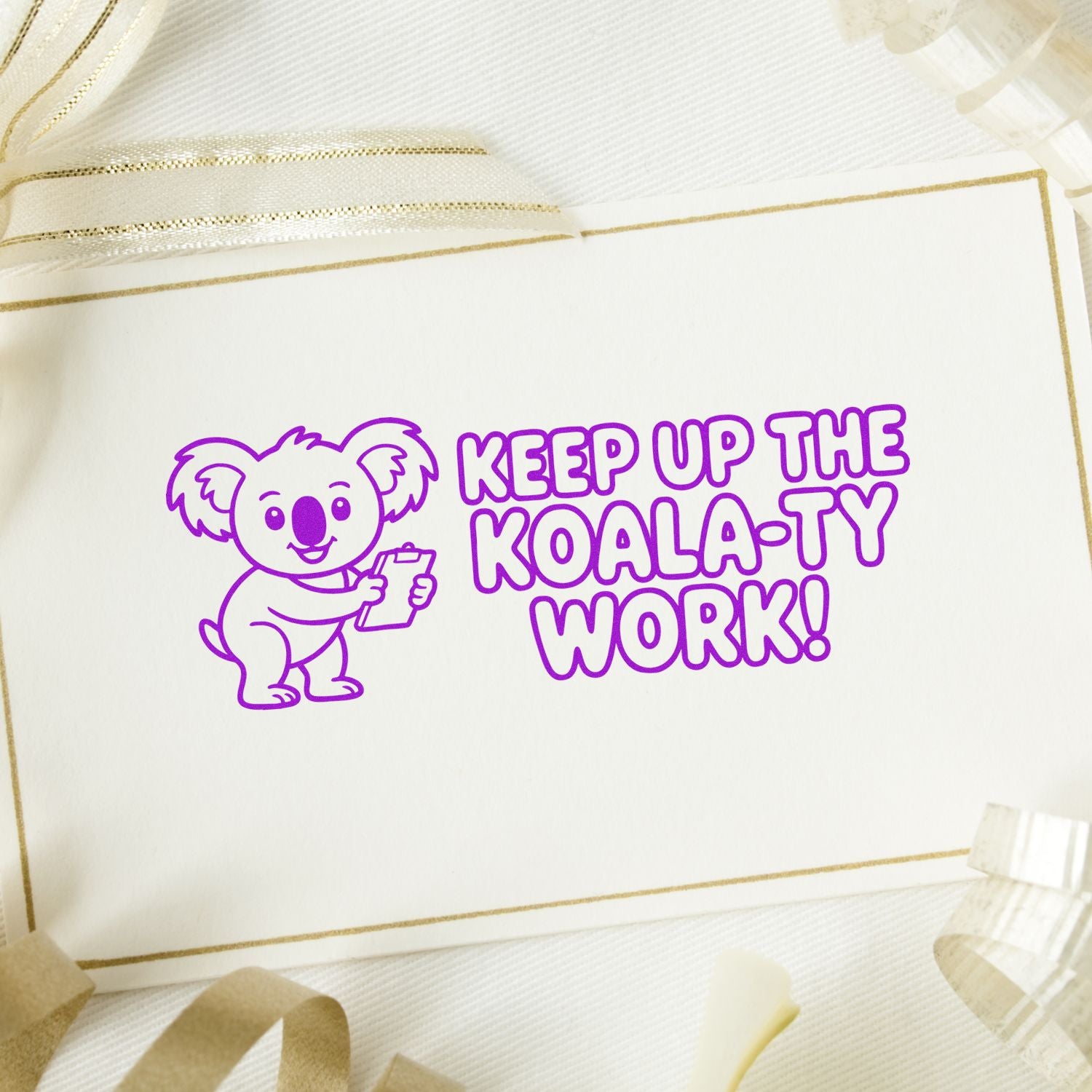 Koala rubber stamp design with cute koala and Keep Up the Koala-ty Work! message for cards, crafts, and encouragement.