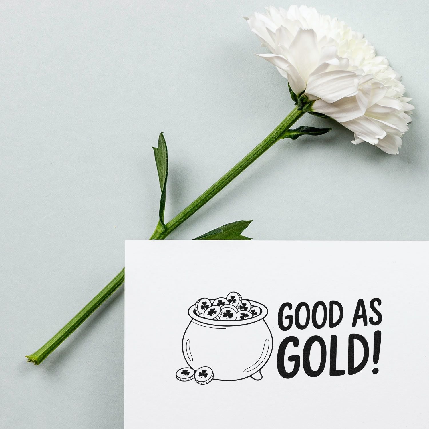Good as Gold rubber stamp design with pot of gold and shamrock coins, ideal for St. Patricks Day cards and crafts.