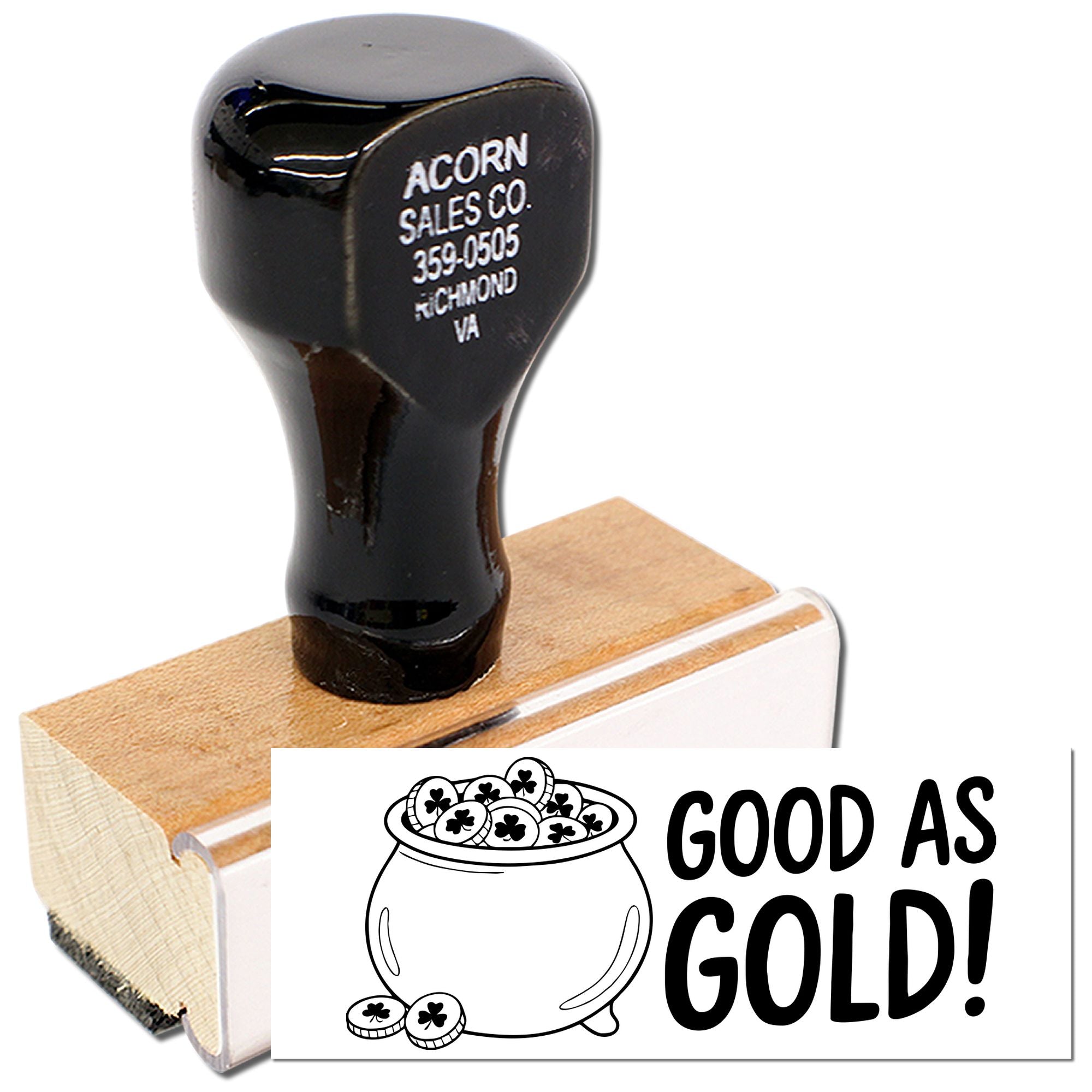 Custom rubber stamp with Good As Gold! pot of gold design, ideal for St. Patricks Day cards, packaging, and branding.
