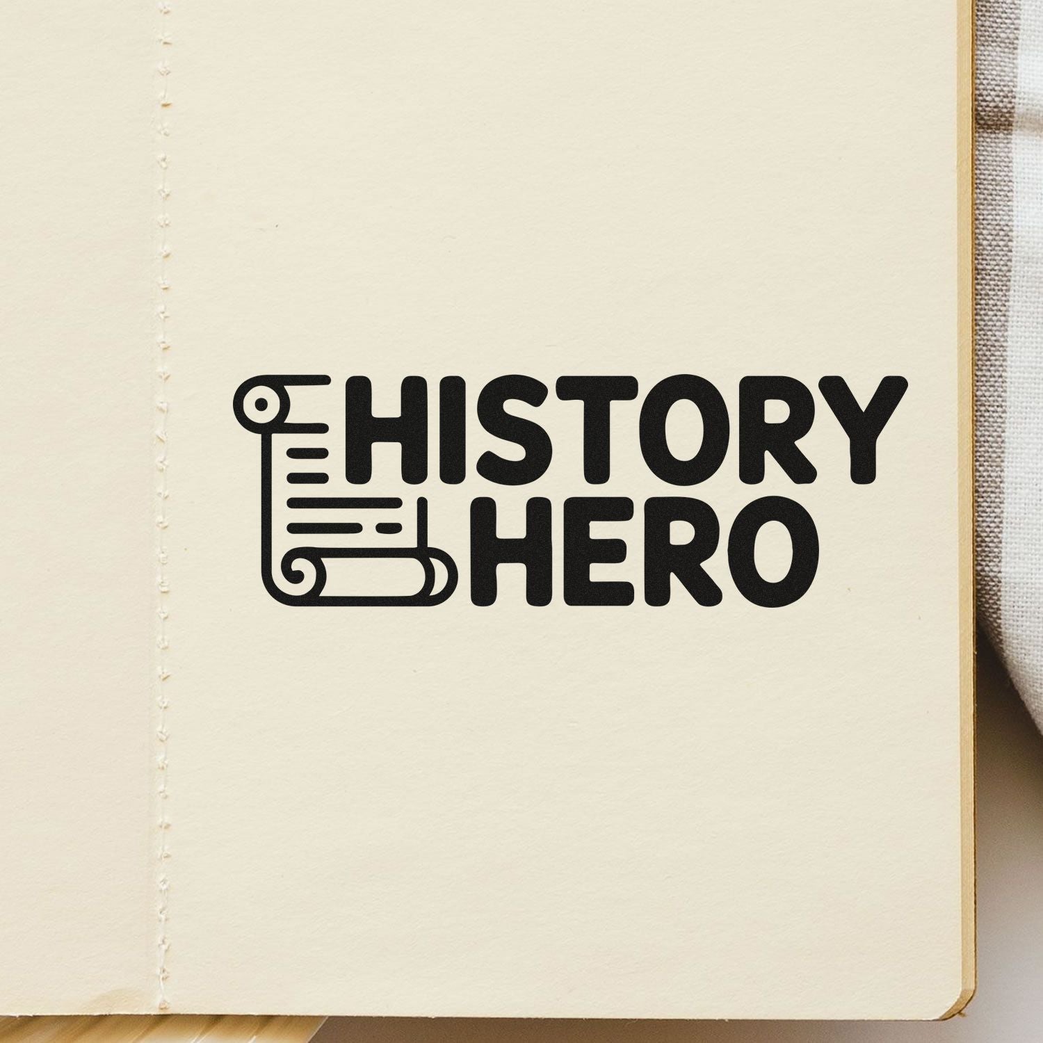 History Hero rubber stamp design on notebook page for teachers, students, and classroom recognition.