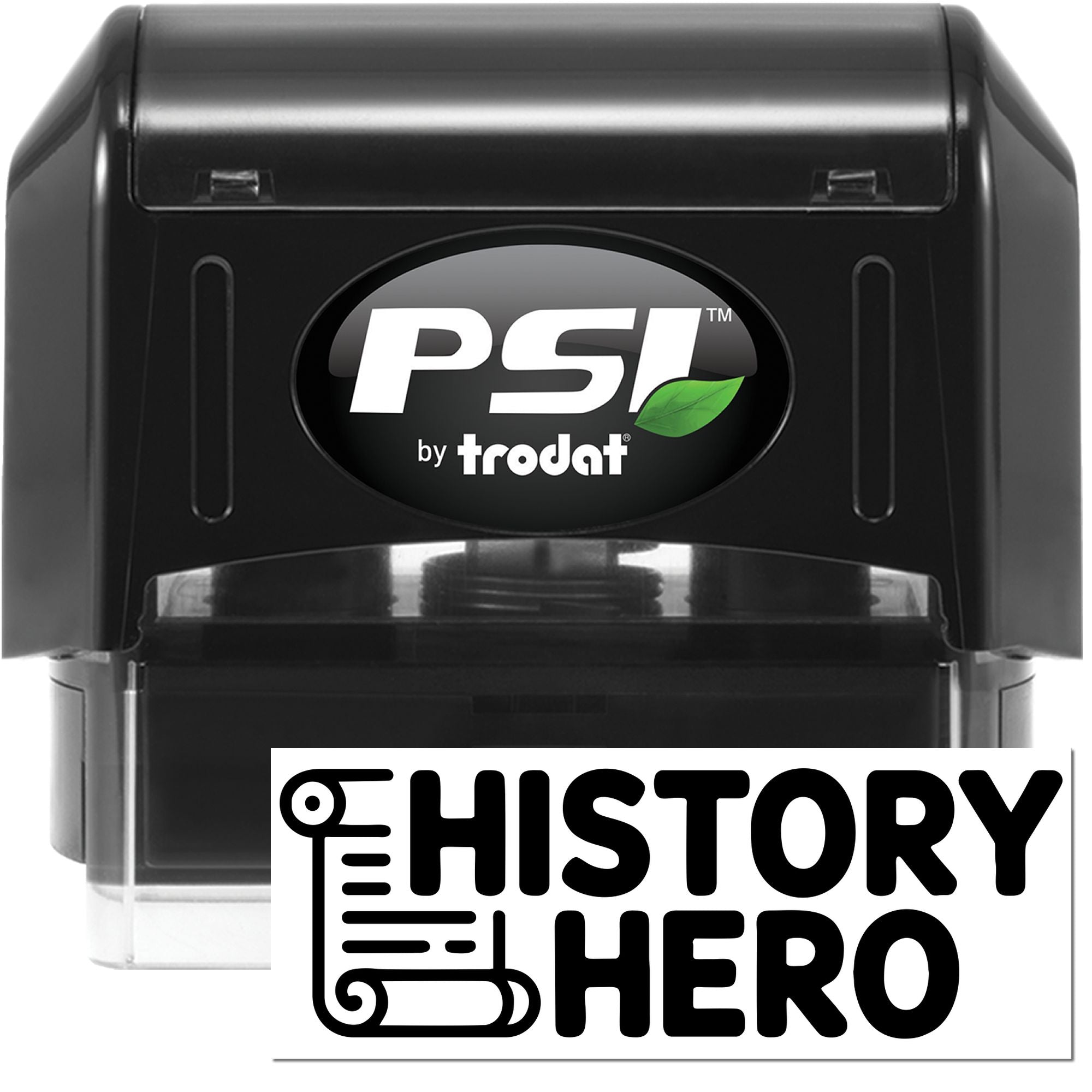 PSI by Trodat self-inking rubber stamp for History Hero branding and custom document marking.