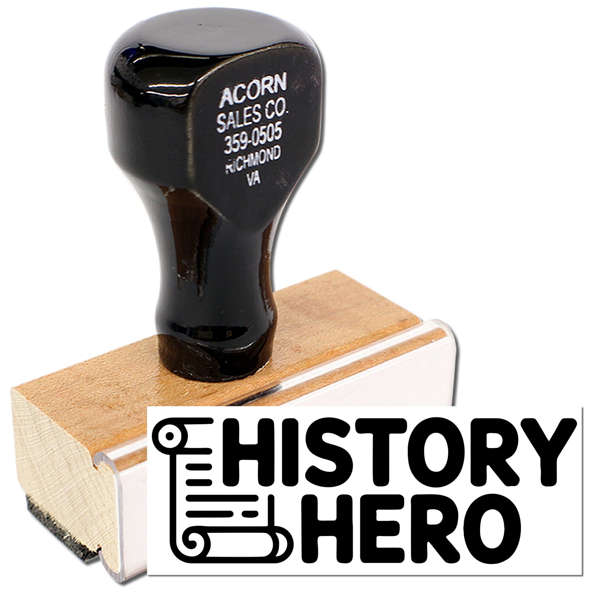Custom rubber stamp with History Hero logo, black handle, and wooden base for branding history-themed materials.