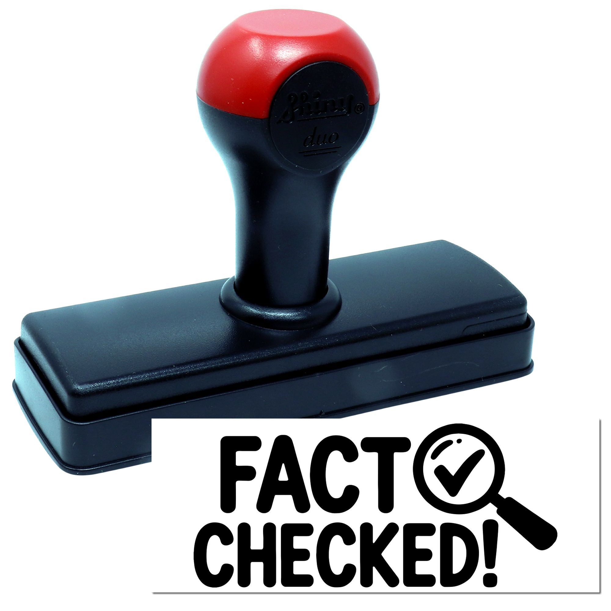 Self-inking rubber stamp with Fact Checked message for verifying documents and marking approved content.