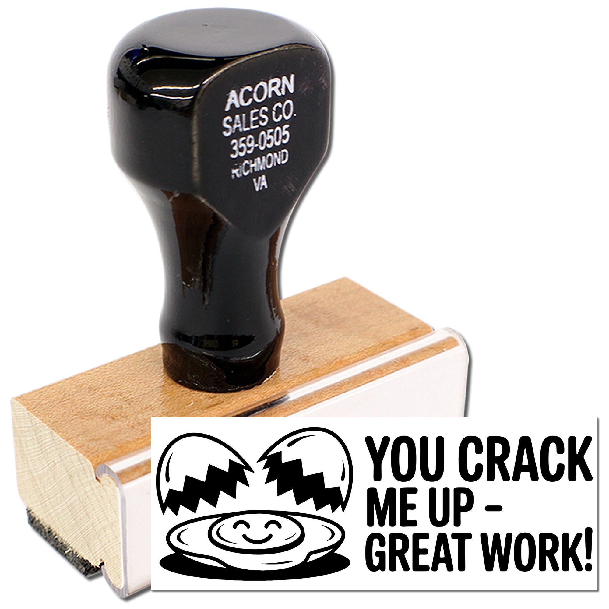 Custom rubber stamp with You Crack Me Up - Great Work! message for fun employee recognition and crafting.