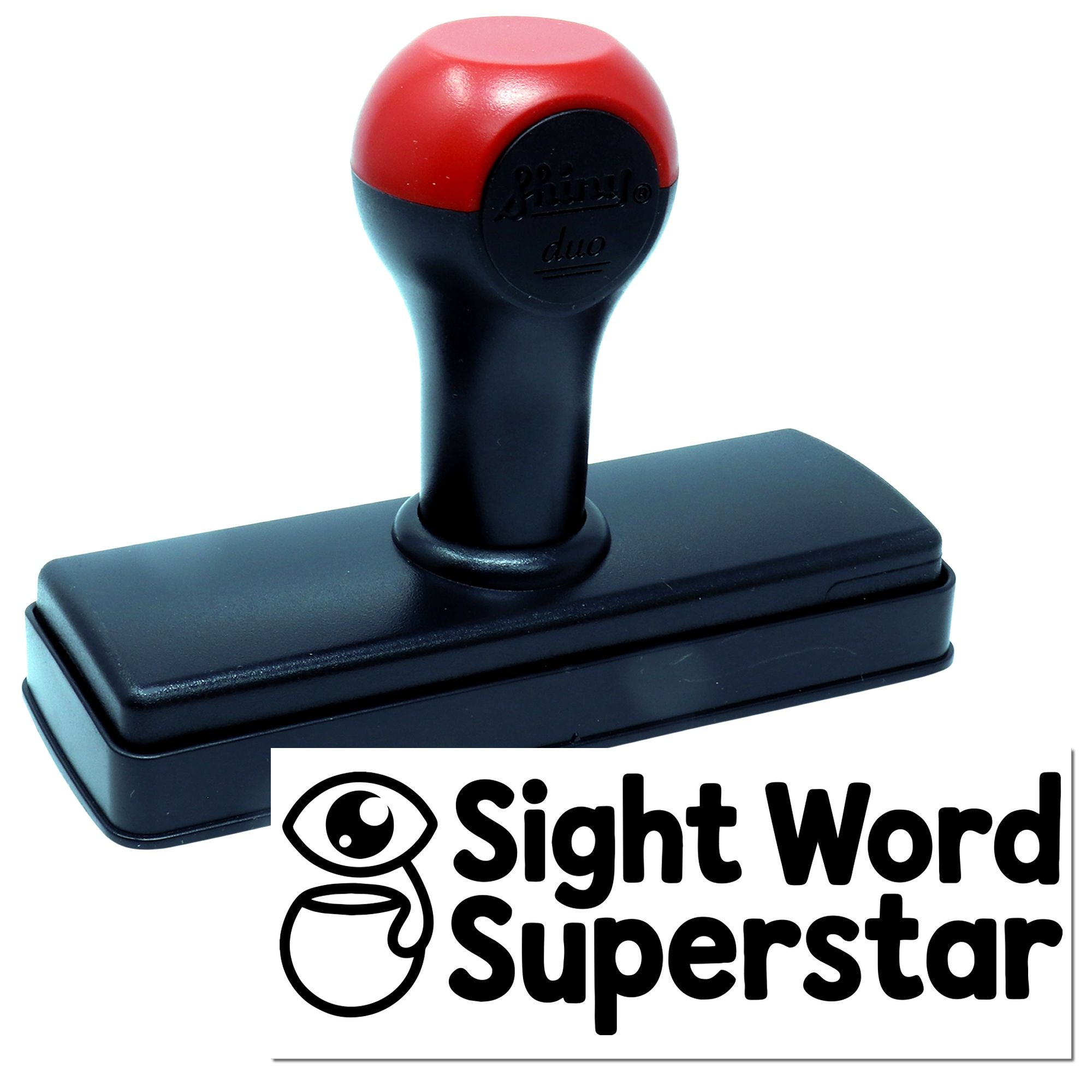 Self-inking rubber stamp with Sight Word Superstar design for rewarding reading progress in classrooms.