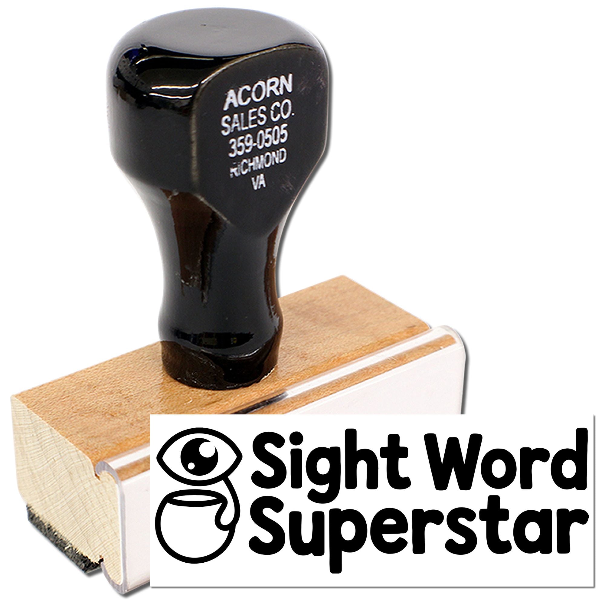 Custom wooden rubber stamp for teachers, featuring Sight Word Superstar logo for classroom sight word feedback.