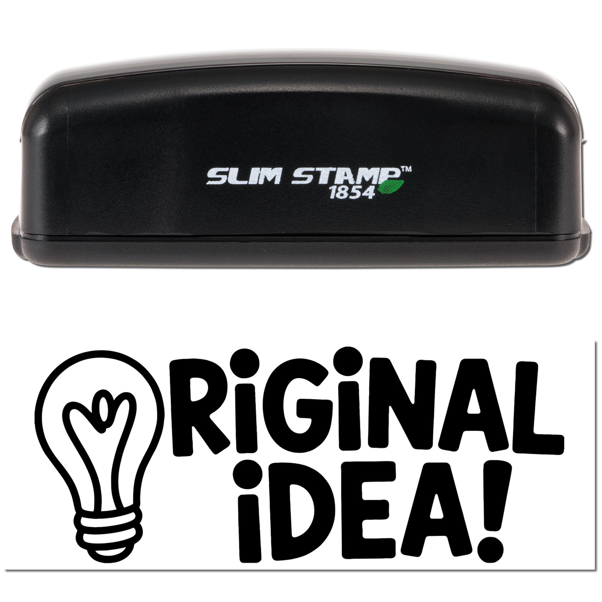 Slim Stamp 1854 rubber stamp with Original Idea lightbulb design, custom branding stamp for offices and creative projects.