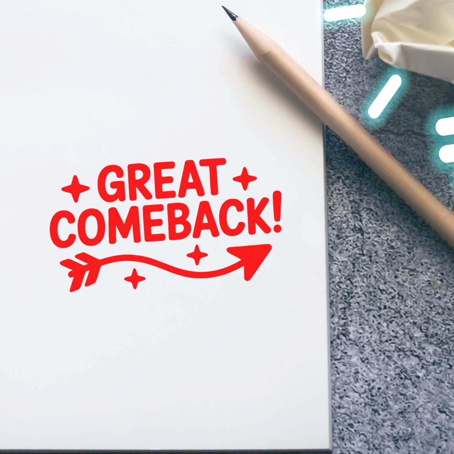 Great Comeback rubber stamp impression on notebook page with pencil, ideal for motivational classroom or teacher feedback.