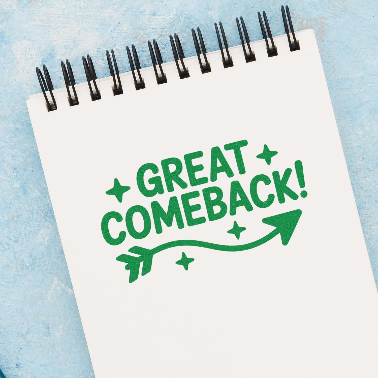 Great Comeback rubber stamp design on a notebook page, ideal for teacher feedback, crafts, and office stationery.
